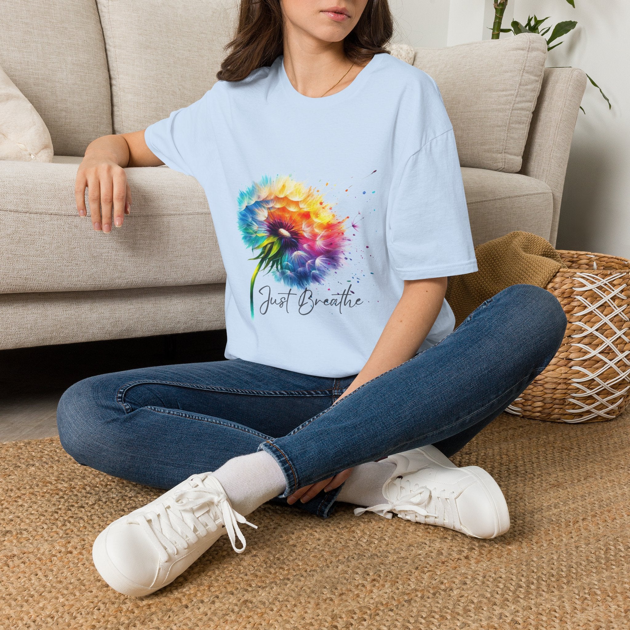 Sunflower Watercolor T-Shirt – "Just Breathe" Inspirational Floral Tee