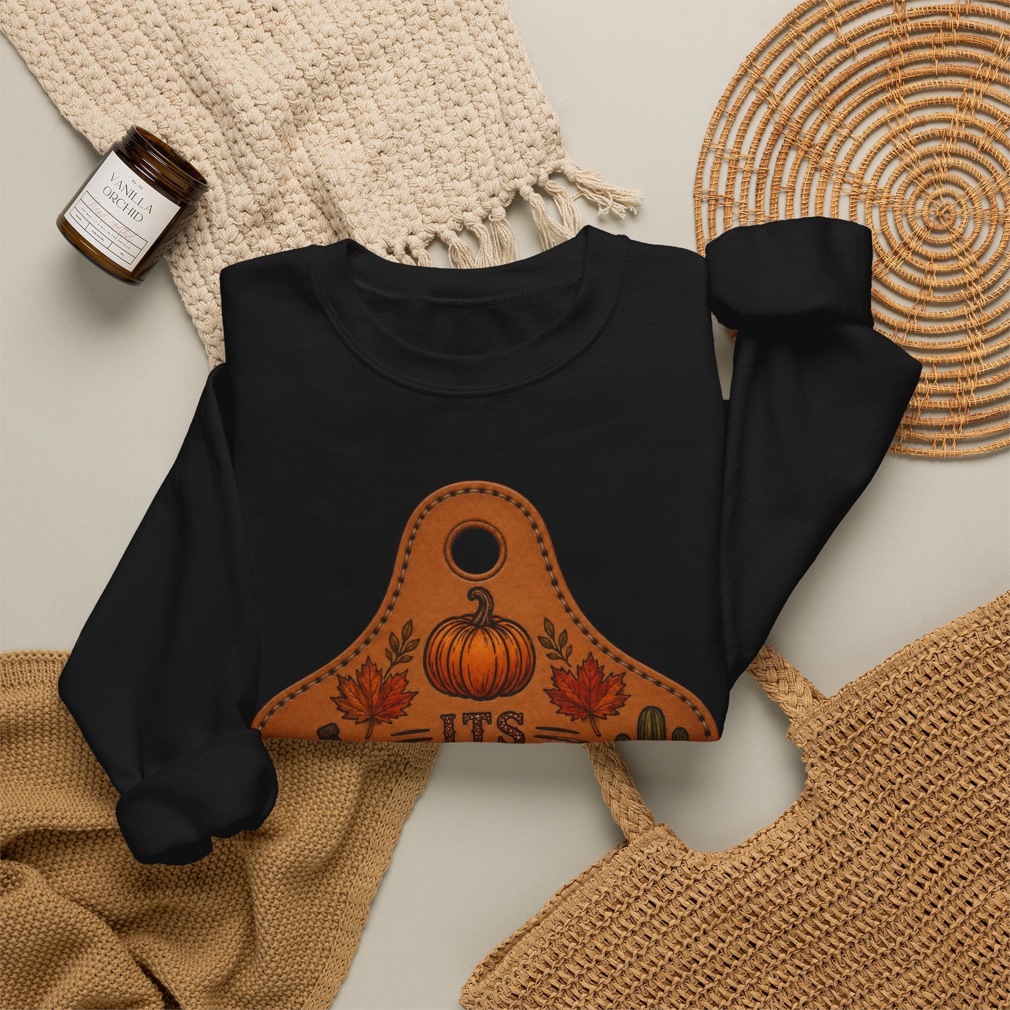 Fall Y'all Crewneck Sweatshirt — Rustic Pumpkin Leather Tag Design