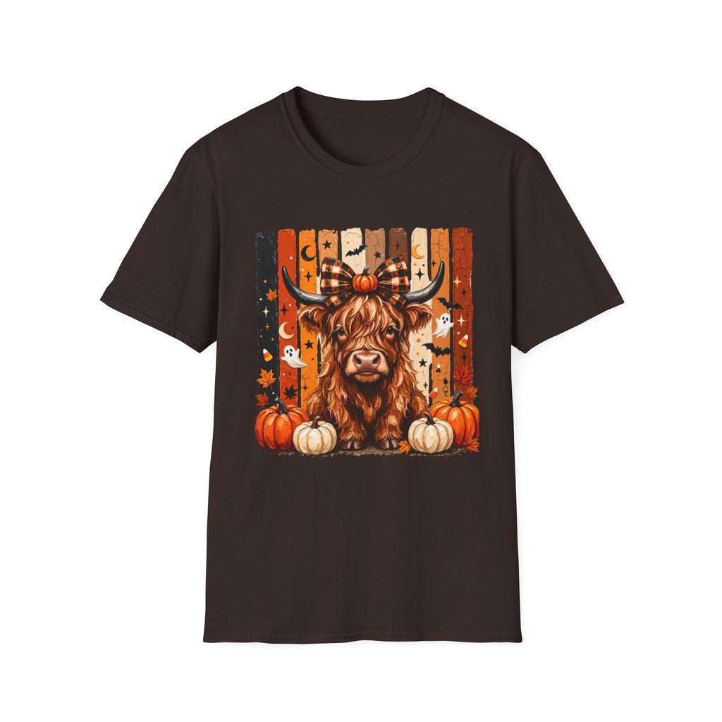Highland Cow Halloween T-Shirt — Plaid Pumpkin Fall Graphic Tee