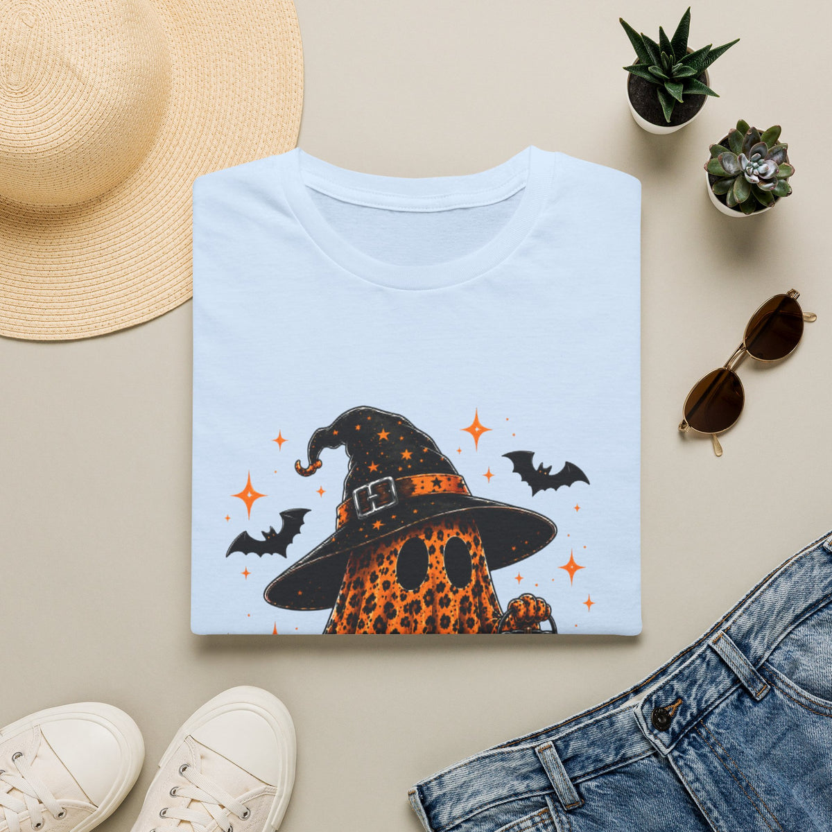 Leopard Ghost Halloween T-Shirt — Witch Hat Pumpkin & Bats Fall Tee