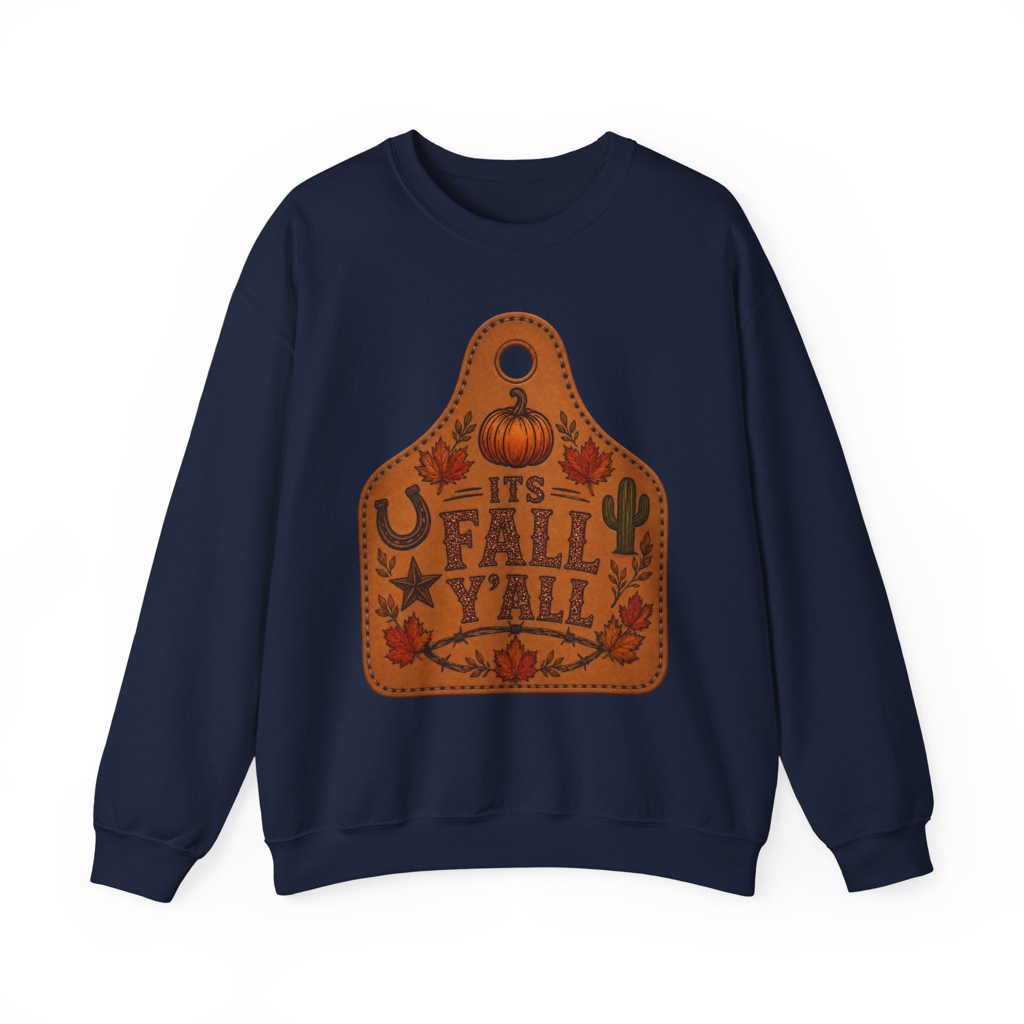 Fall Y'all Crewneck Sweatshirt — Rustic Pumpkin Leather Tag Design