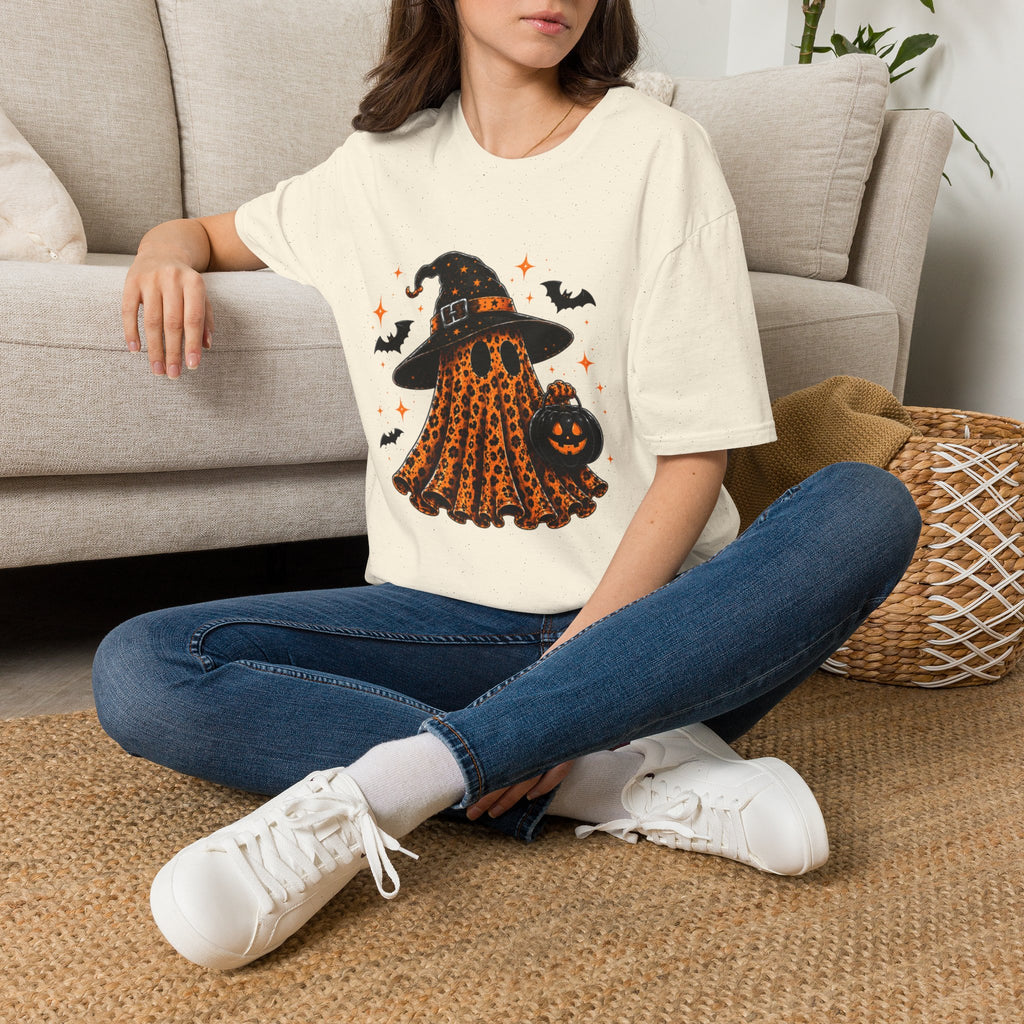 Leopard Ghost Halloween T-Shirt — Witch Hat Pumpkin & Bats Fall Tee