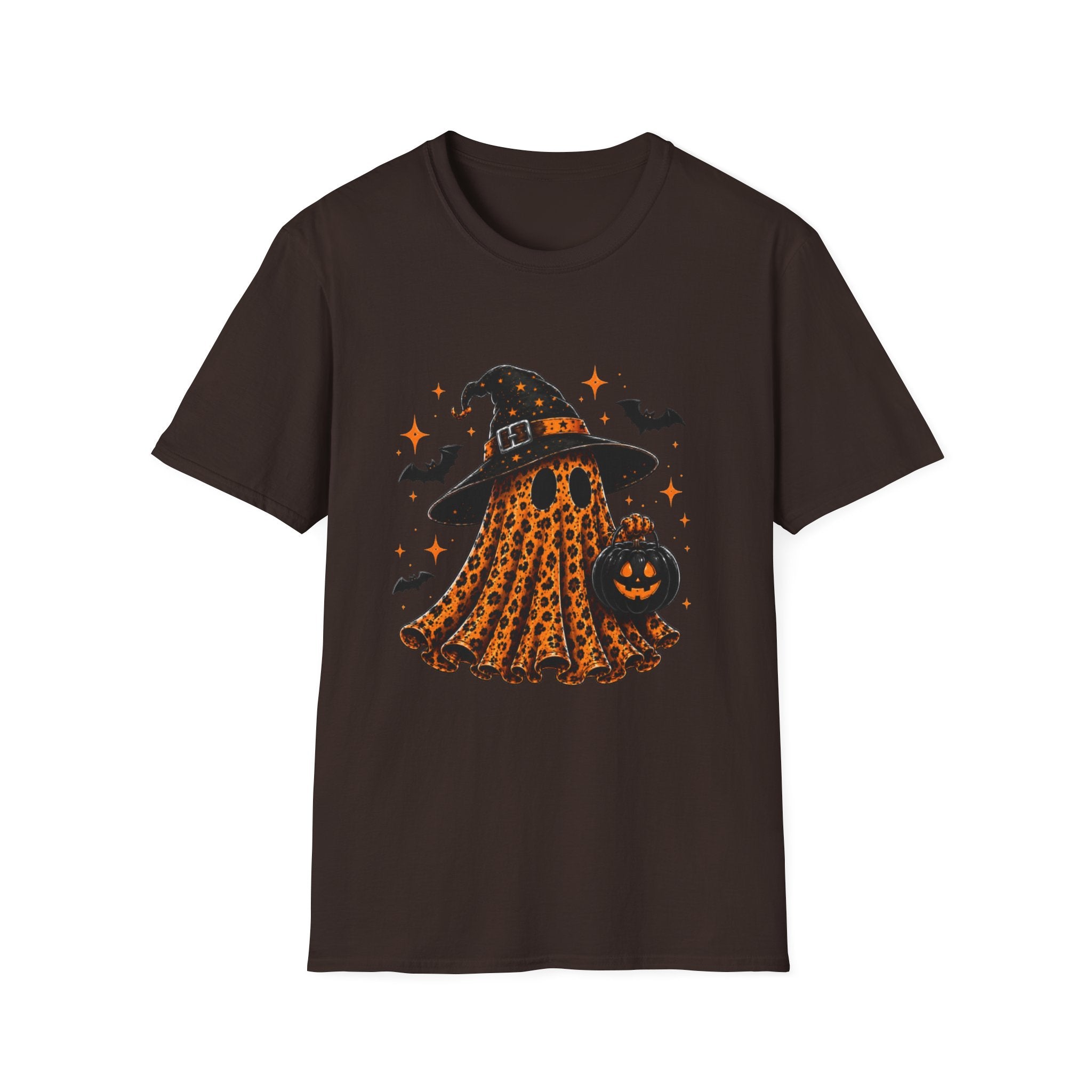 Leopard Ghost Halloween T-Shirt — Witch Hat Pumpkin & Bats Fall Tee