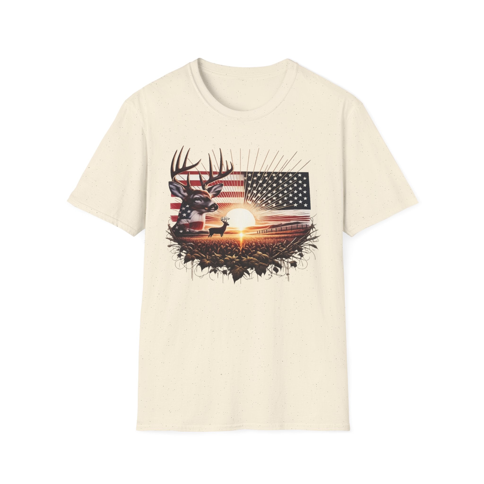 Deer Sunset Flag T-Shirt — American Hunting Outdoors Tee