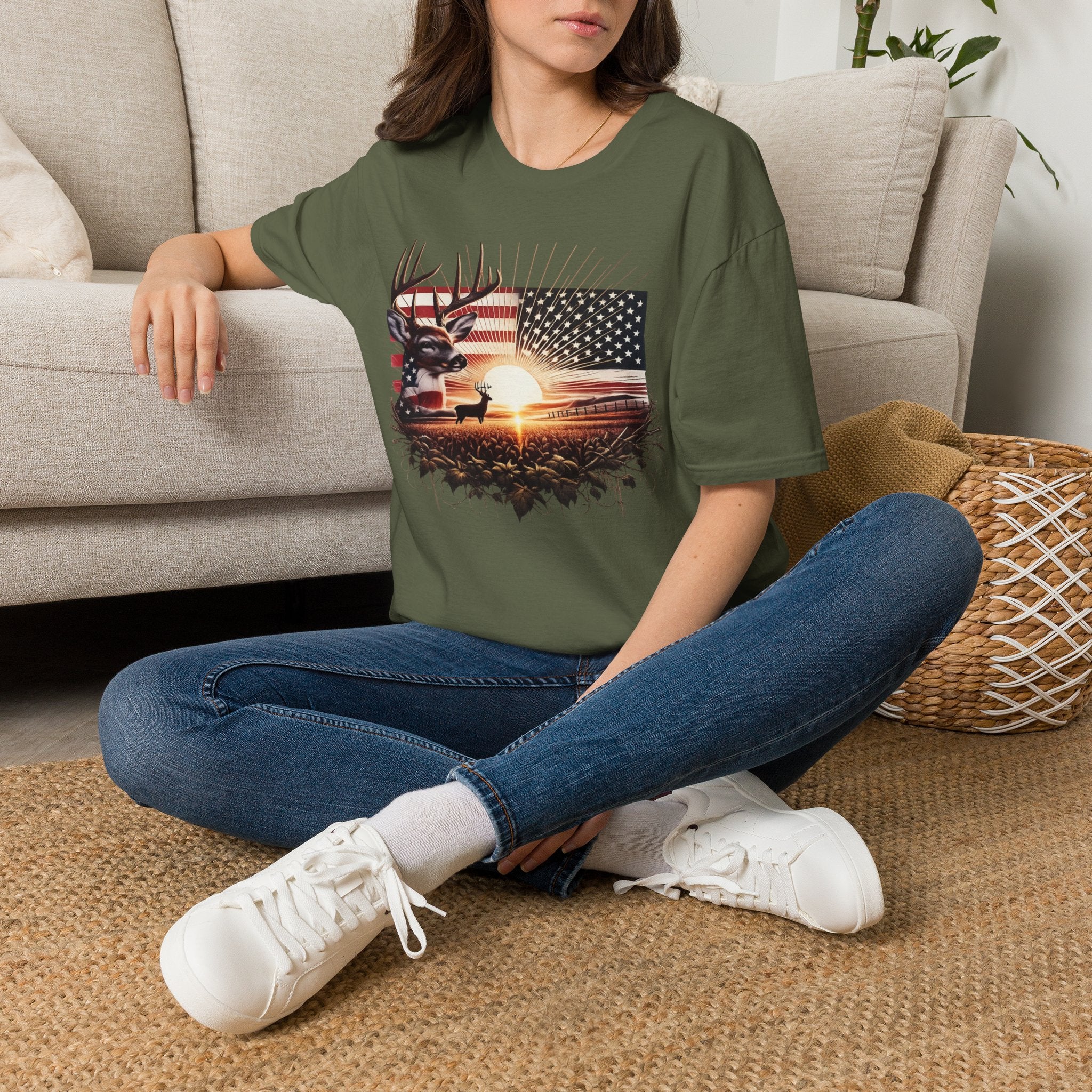Deer Sunset Flag T-Shirt — American Hunting Outdoors Tee