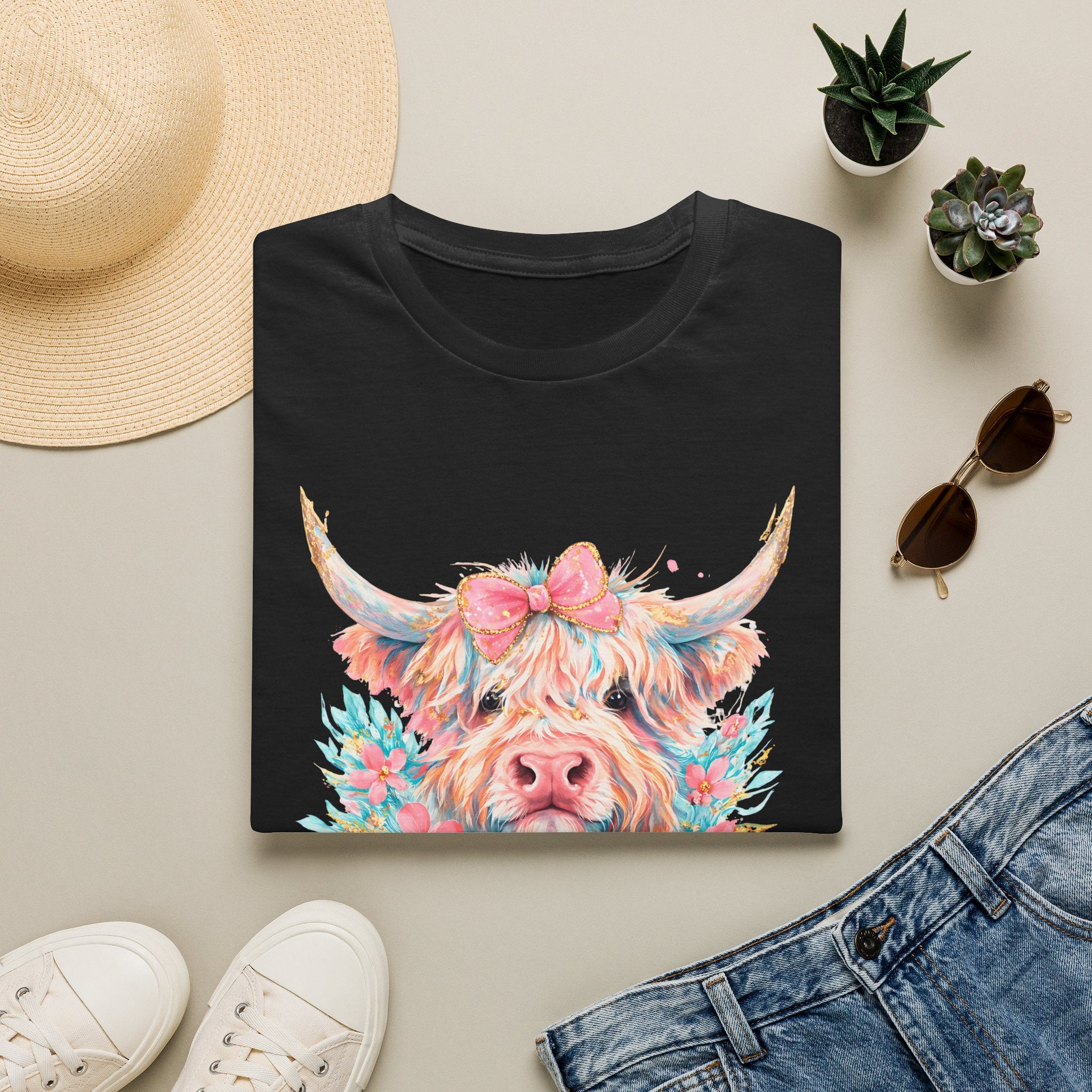 Highland Cow Floral Tee — Cute Pastel Cow Face T-Shirt