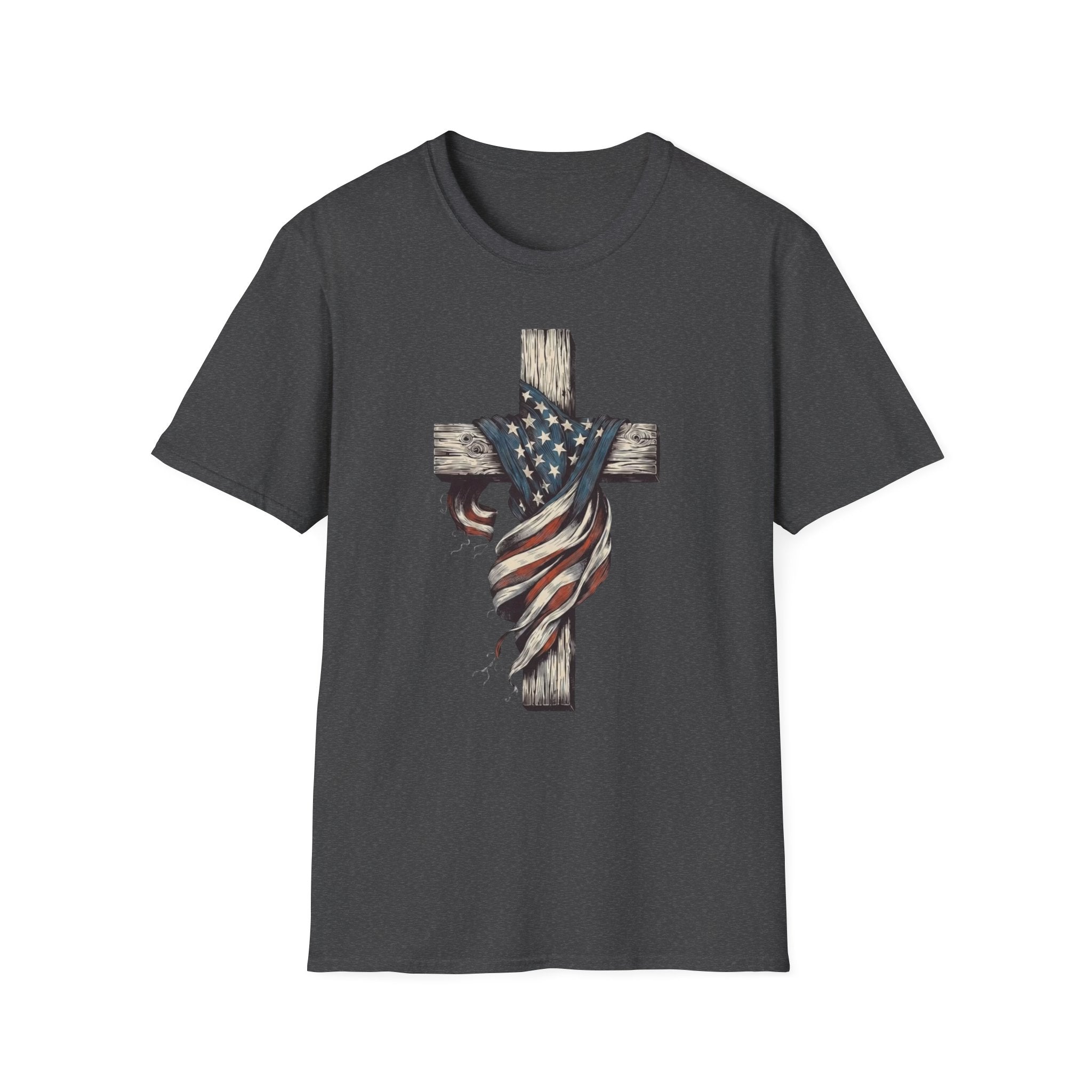 T-Shirt — American Flag Draped Cross Graphic Tee (Patriotic Christian)