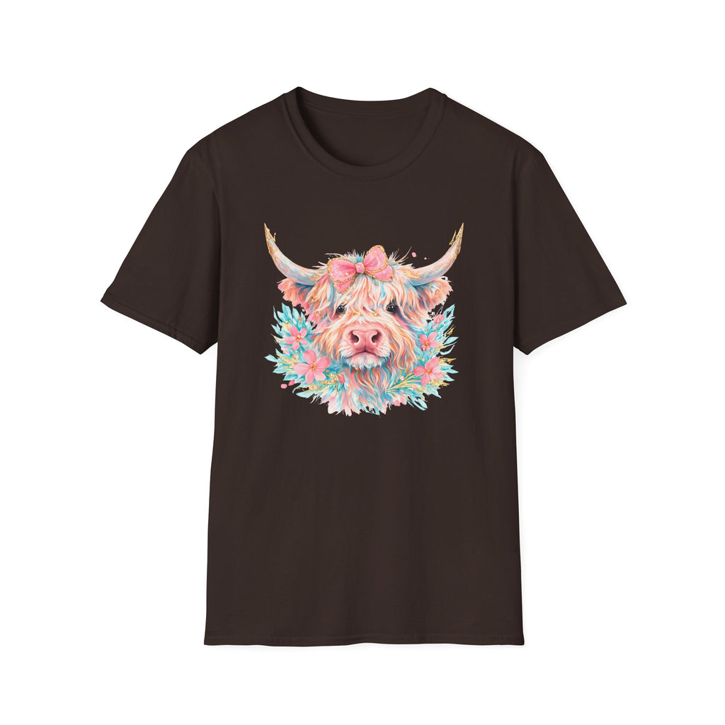 Highland Cow Floral Tee — Cute Pastel Cow Face T-Shirt
