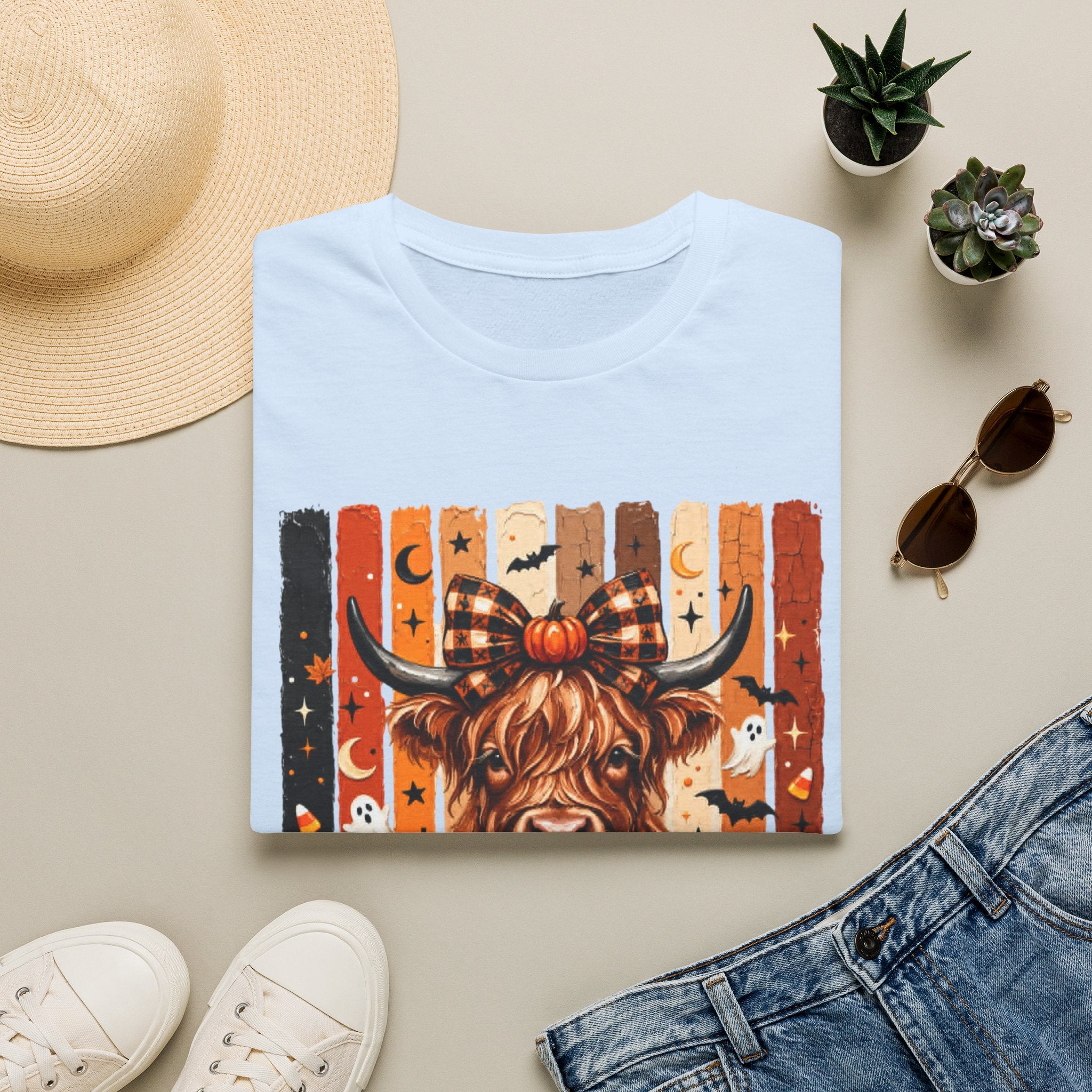 Highland Cow Halloween T-Shirt — Plaid Pumpkin Fall Graphic Tee