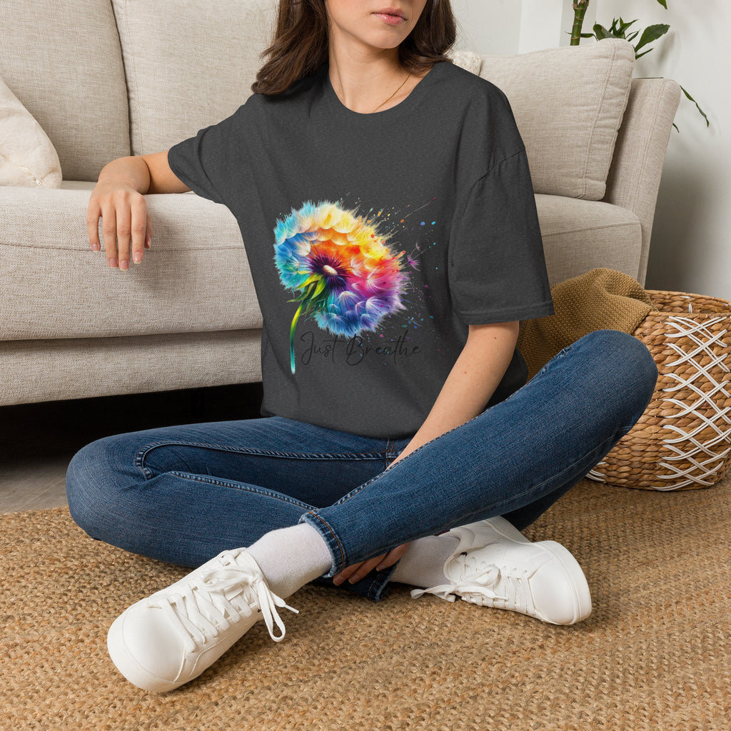 Sunflower Watercolor T-Shirt – "Just Breathe" Inspirational Floral Tee