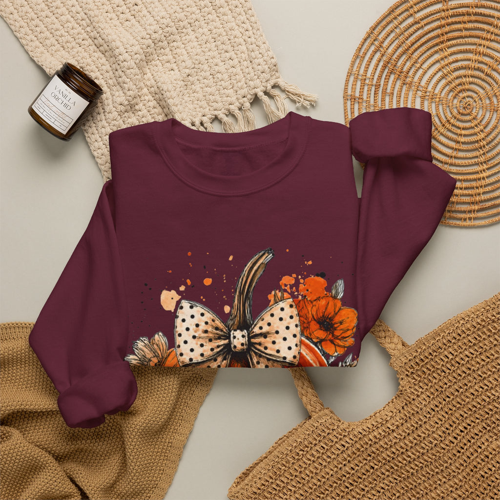 Pumpkin Bow Crewneck Sweatshirt — Autumn Floral Pumpkin Sweatshirt