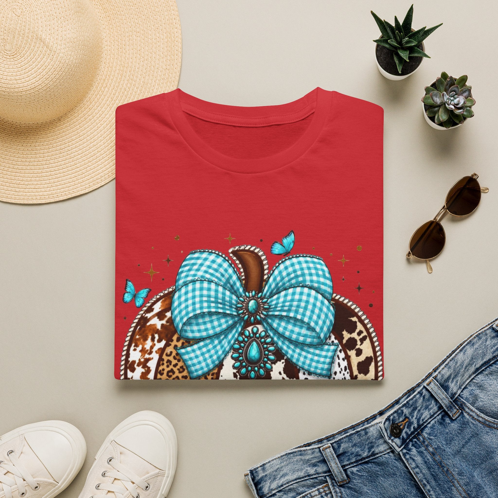 Turquoise Bow Pumpkin T-Shirt — Cowhide & Leopard Fall Graphic Tee