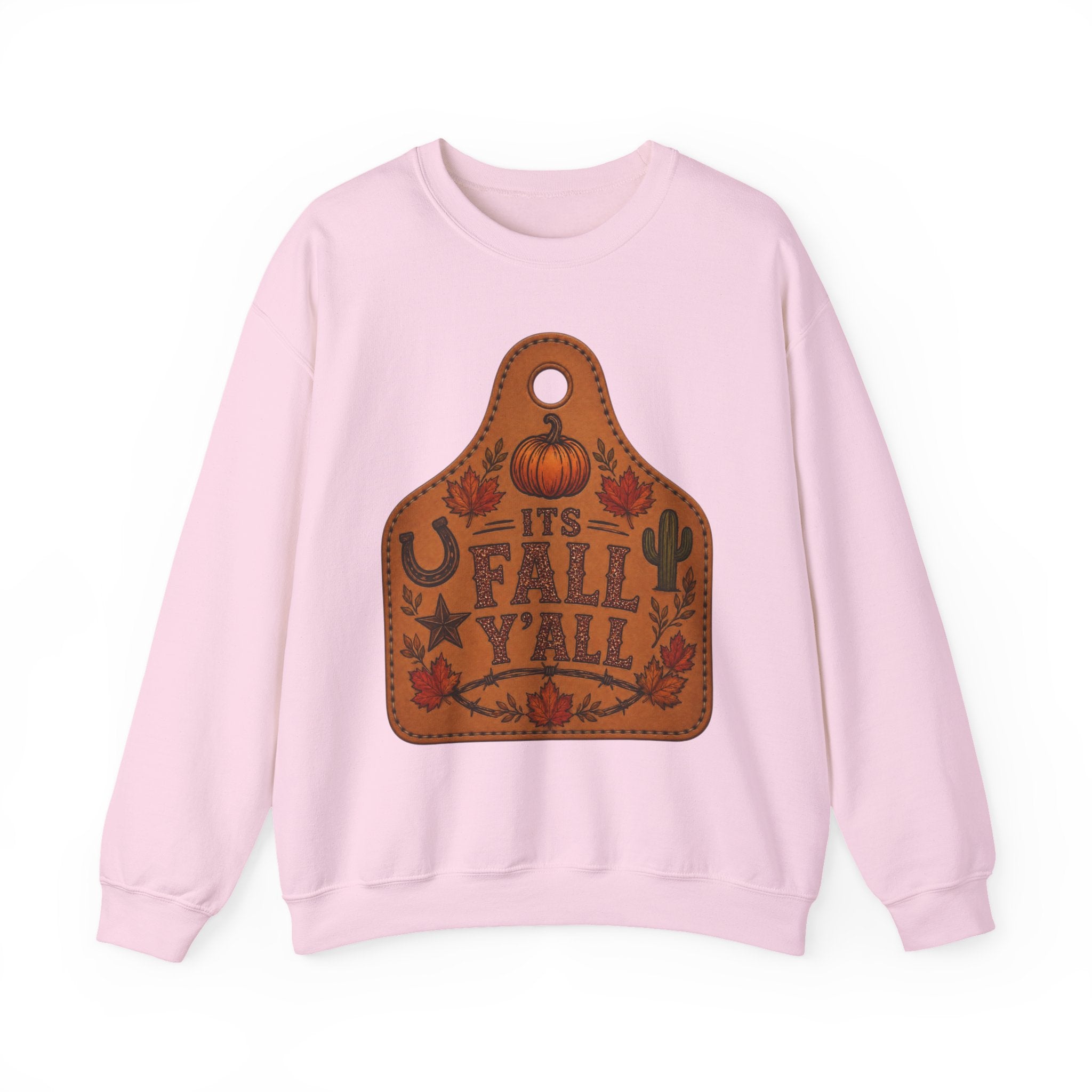 Fall Y'all Crewneck Sweatshirt — Rustic Pumpkin Leather Tag Design