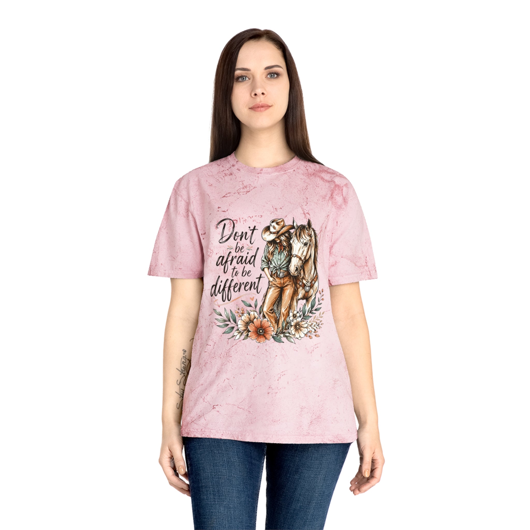 Cowgirl Horse Graphic T-Shirt — "Don't Be Afraid to Be Different" Inspirational Tee