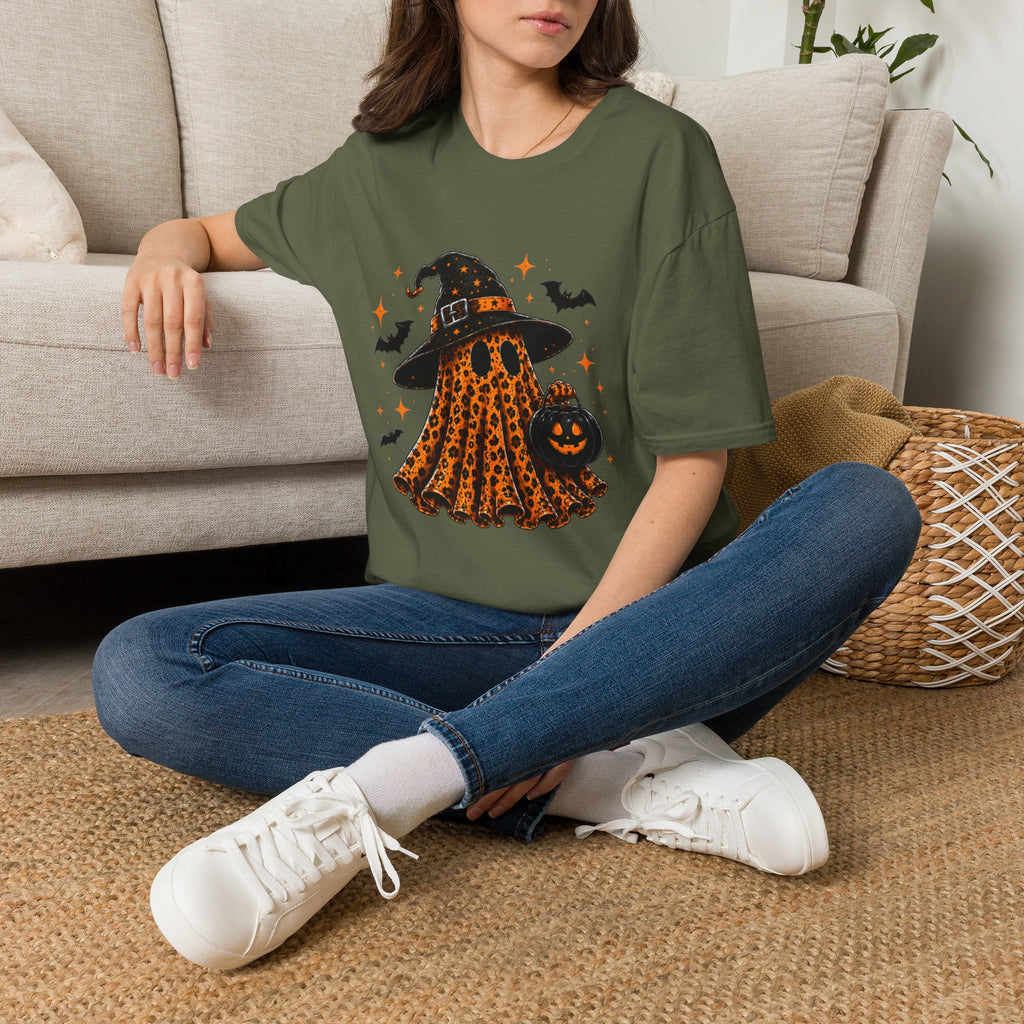 Leopard Ghost Halloween T-Shirt — Witch Hat Pumpkin & Bats Fall Tee