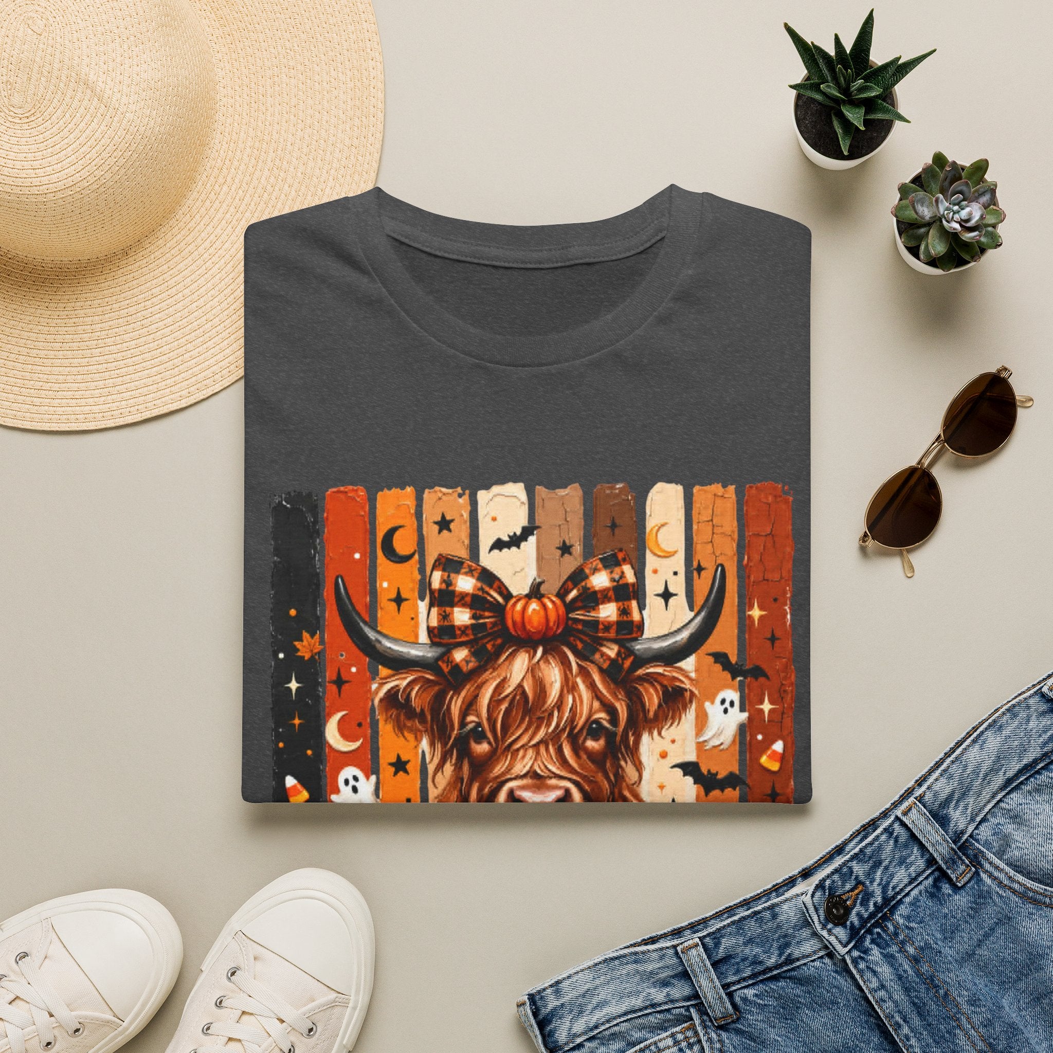 Highland Cow Halloween T-Shirt — Plaid Pumpkin Fall Graphic Tee