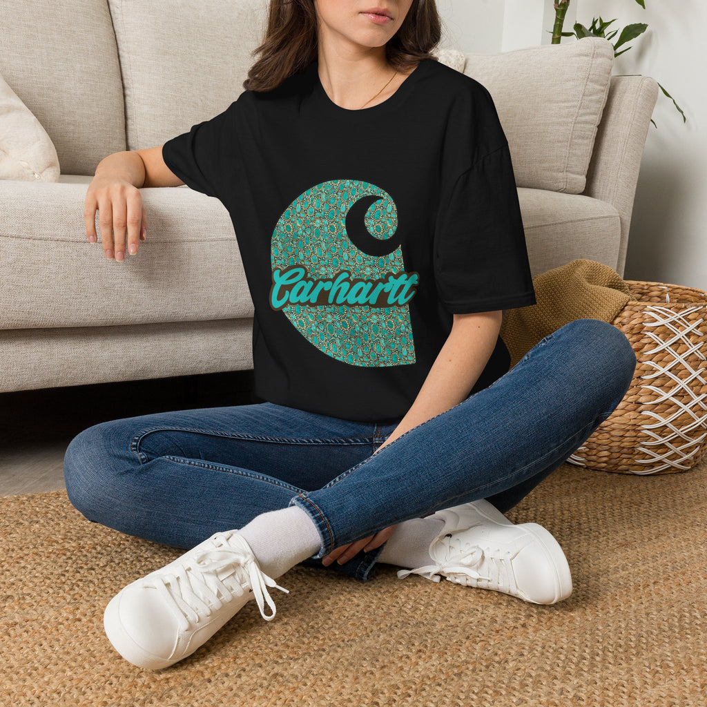 Carhartt Crescent Logo T‑Shirt — Vintage Teal Patterned Graphic Tee