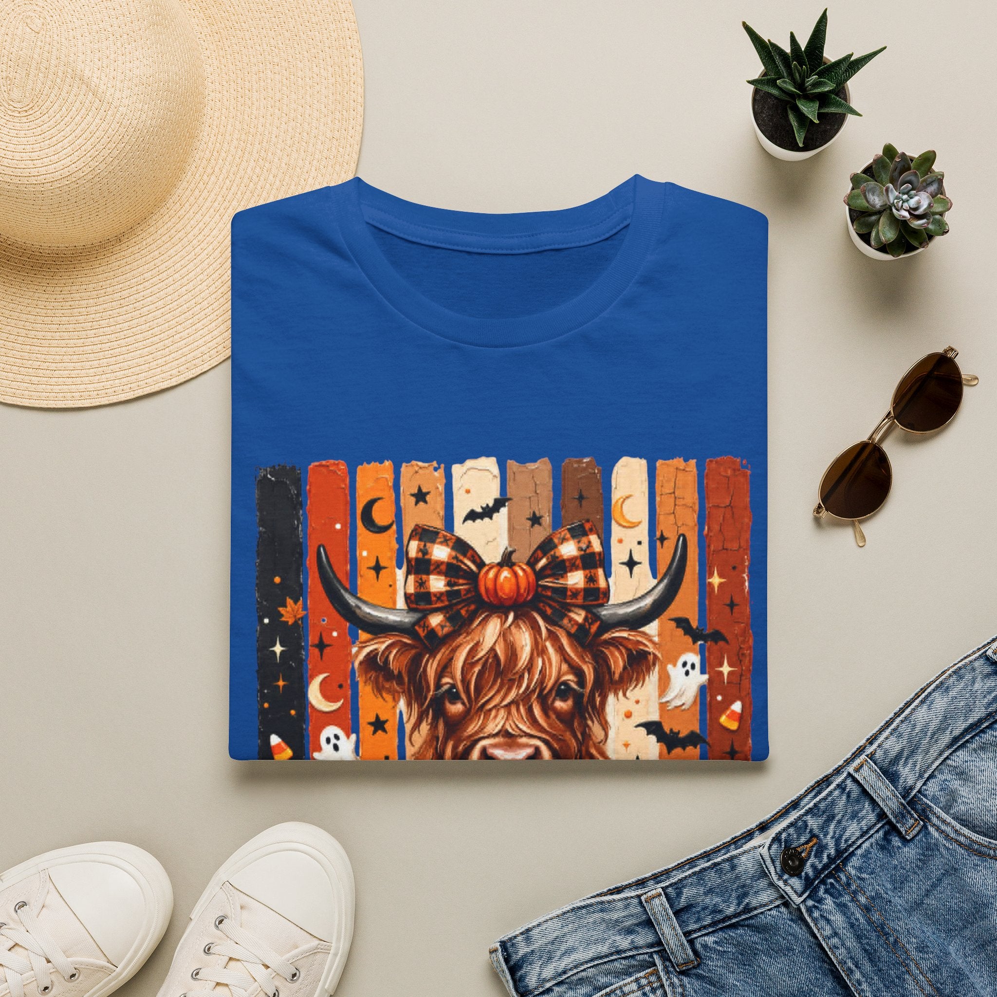 Highland Cow Halloween T-Shirt — Plaid Pumpkin Fall Graphic Tee
