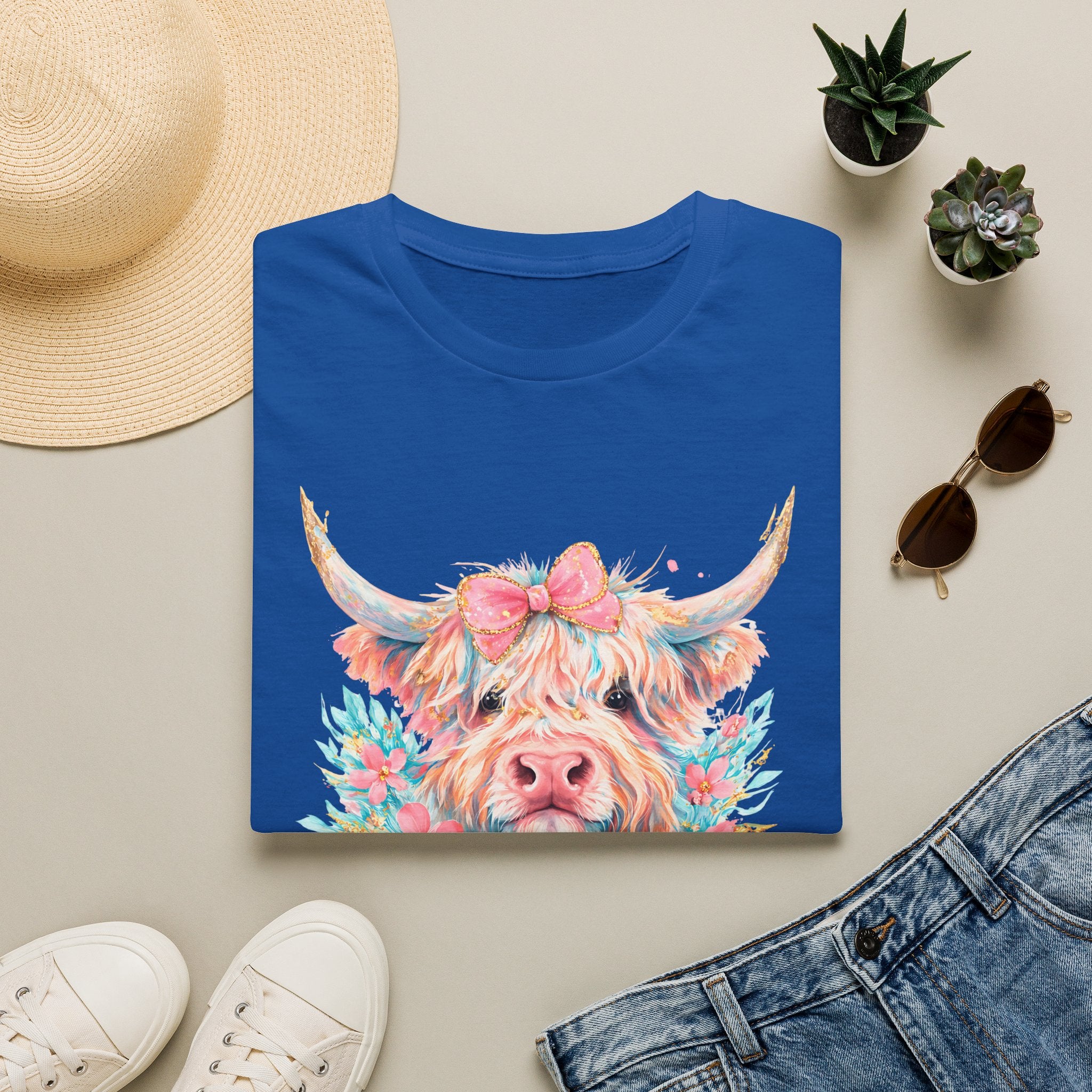 Highland Cow Floral Tee — Cute Pastel Cow Face T-Shirt