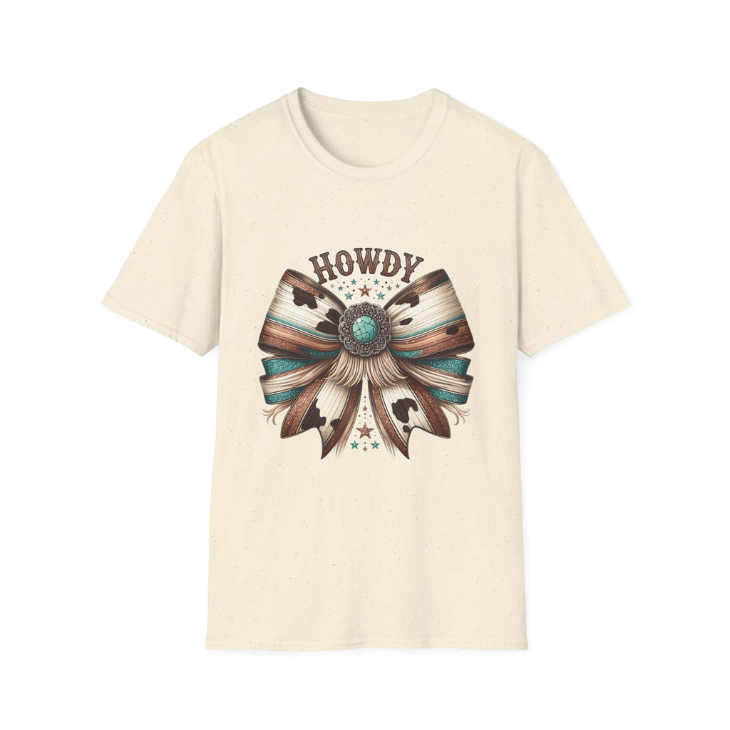Howdy Western Bow T-Shirt — Turquoise Concho Rustic Cowhide Graphic