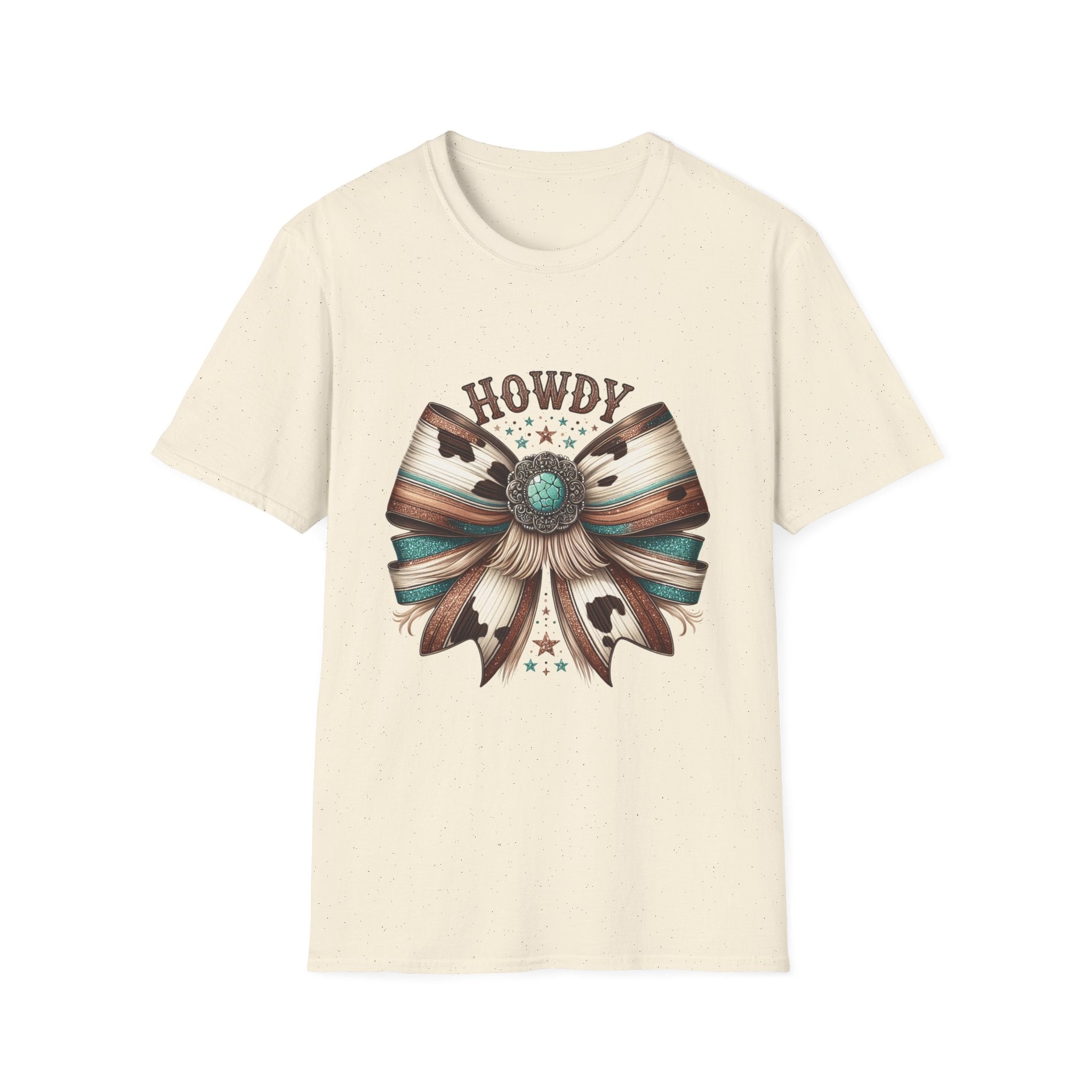 Howdy Western Bow T-Shirt — Turquoise Concho Rustic Cowhide Graphic