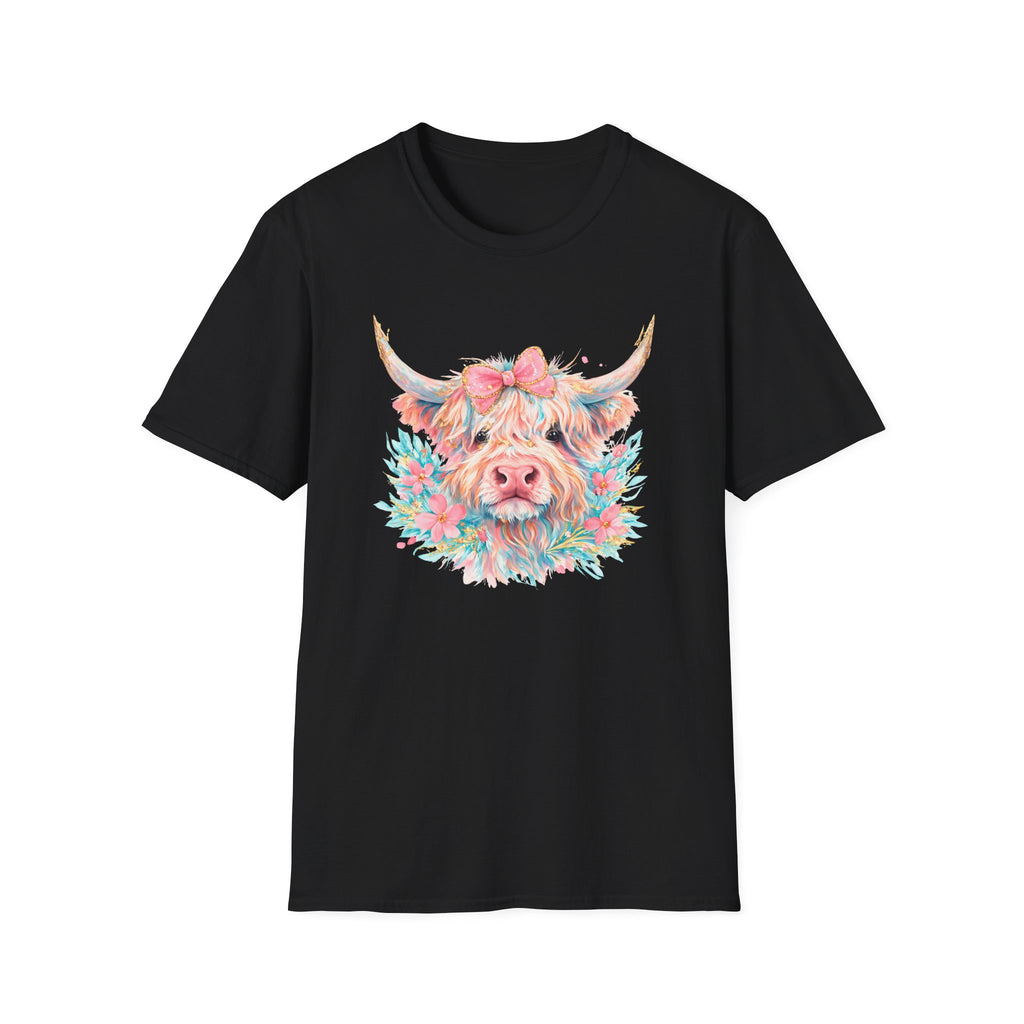Highland Cow Floral Tee — Cute Pastel Cow Face T-Shirt
