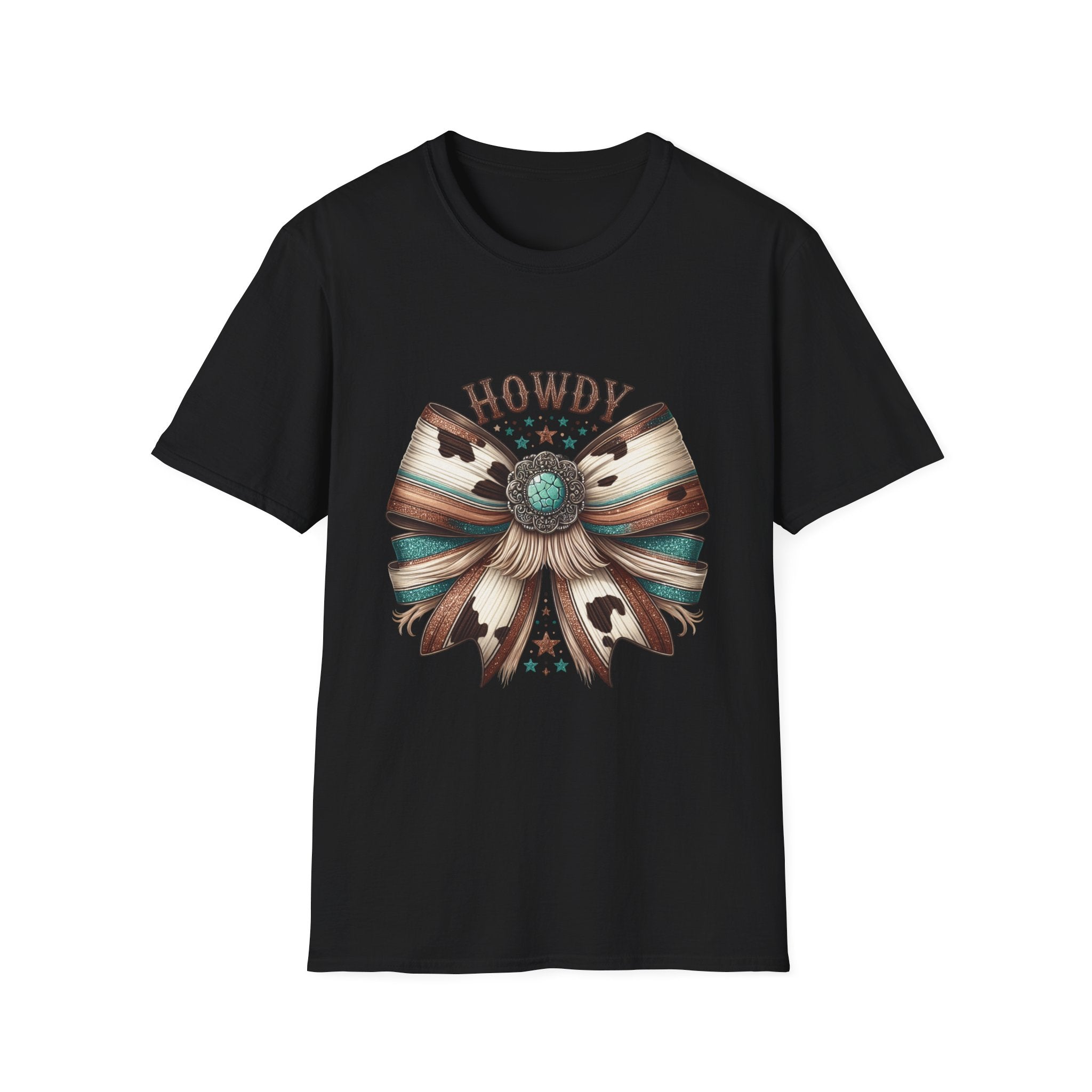 Howdy Western Bow T-Shirt — Turquoise Concho Rustic Cowhide Graphic