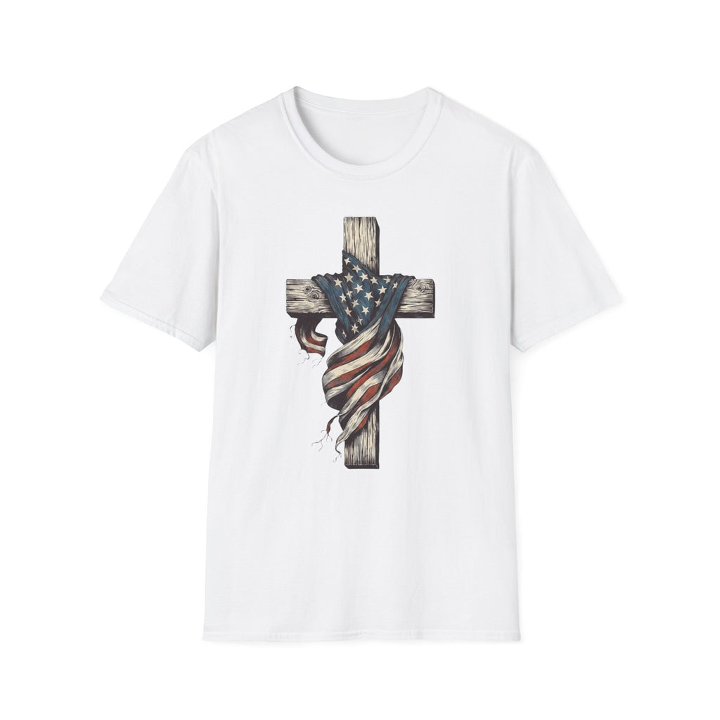 T-Shirt — American Flag Draped Cross Graphic Tee (Patriotic Christian)
