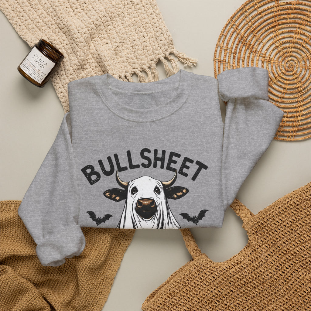 Halloween 'Bullsheet' Ghost Cow Sweatshirt - Funny Pumpkin & Bats Crewneck