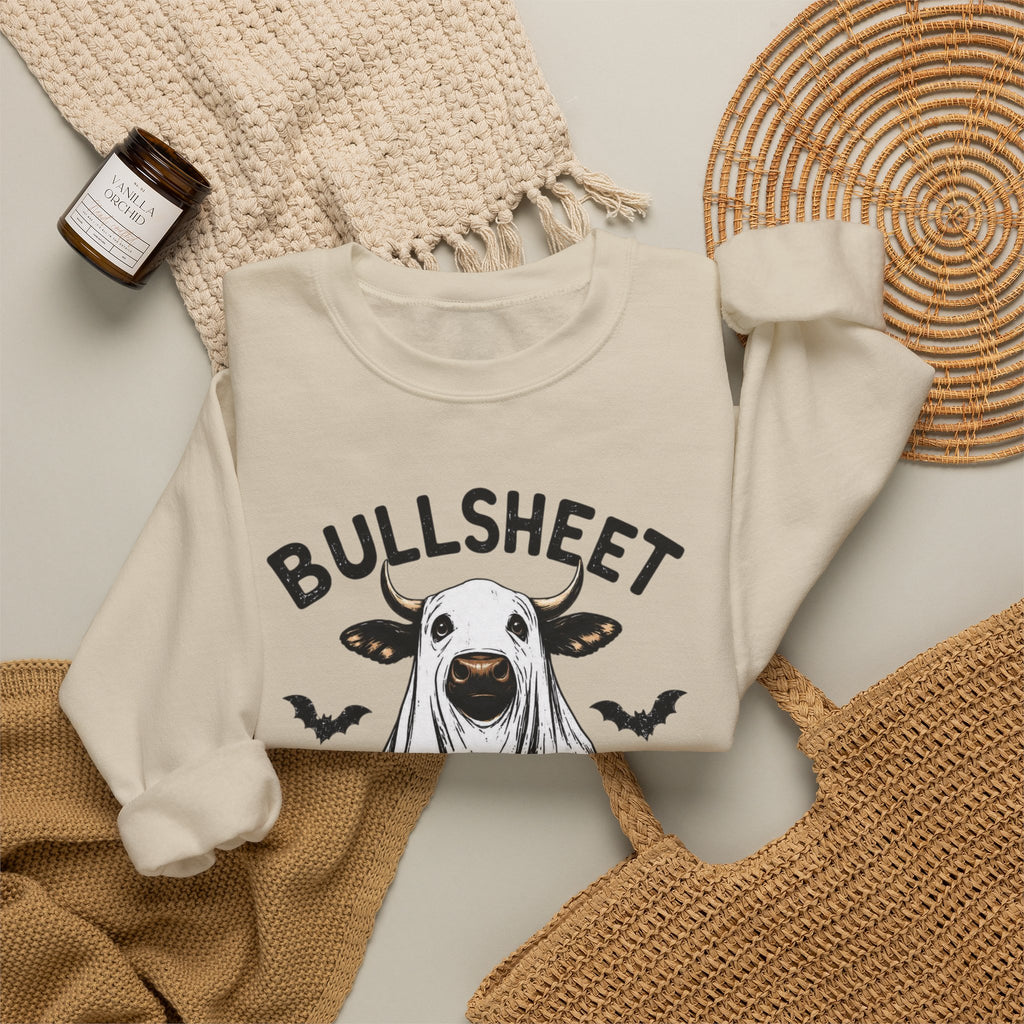 Halloween 'Bullsheet' Ghost Cow Sweatshirt - Funny Pumpkin & Bats Crewneck