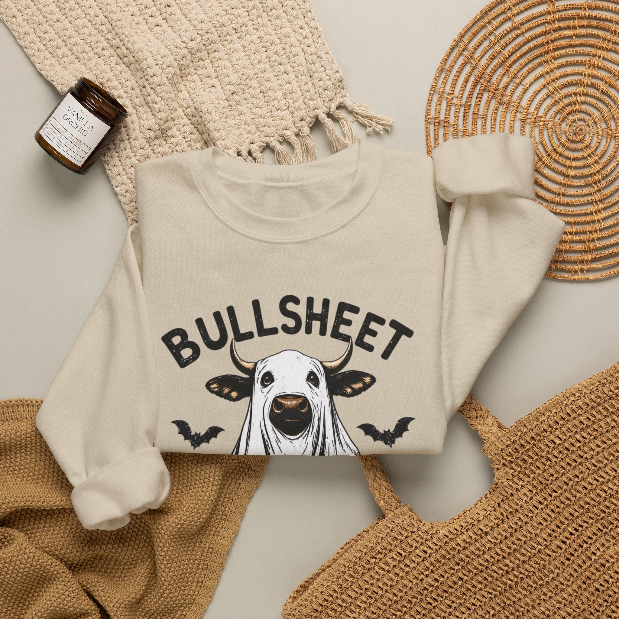 Halloween 'Bullsheet' Ghost Cow Sweatshirt - Funny Pumpkin & Bats Crewneck