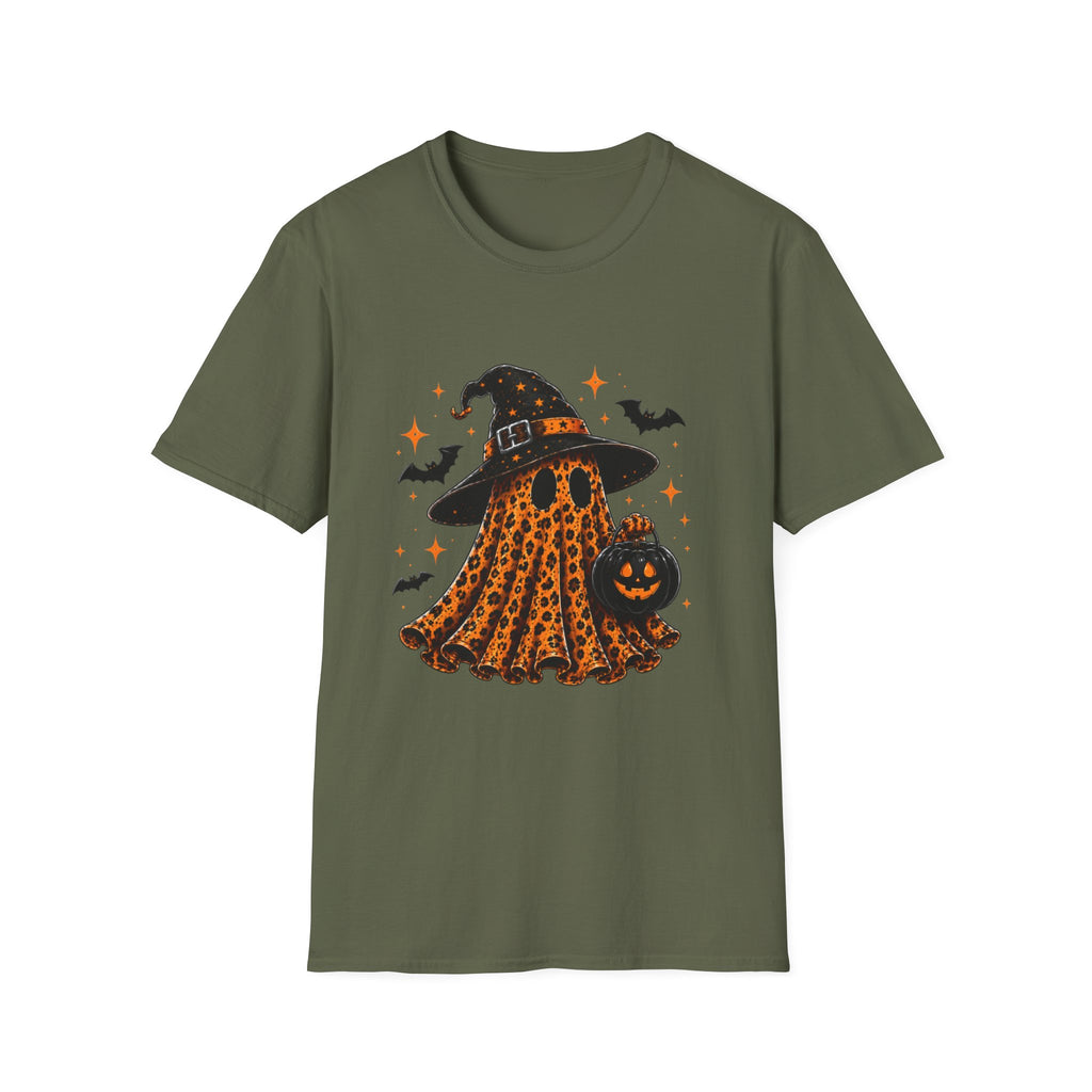Leopard Ghost Halloween T-Shirt — Witch Hat Pumpkin & Bats Fall Tee