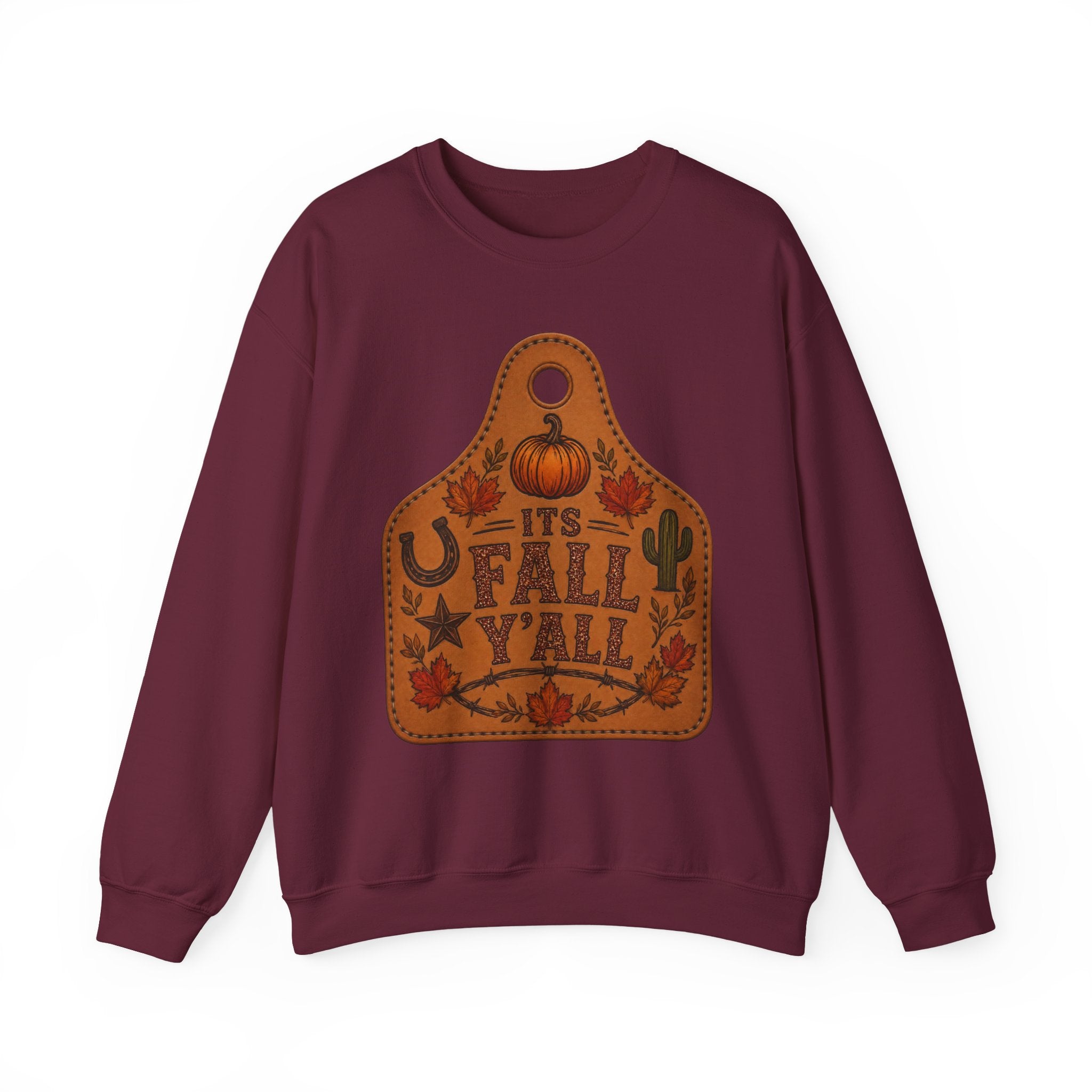 Fall Y'all Crewneck Sweatshirt — Rustic Pumpkin Leather Tag Design