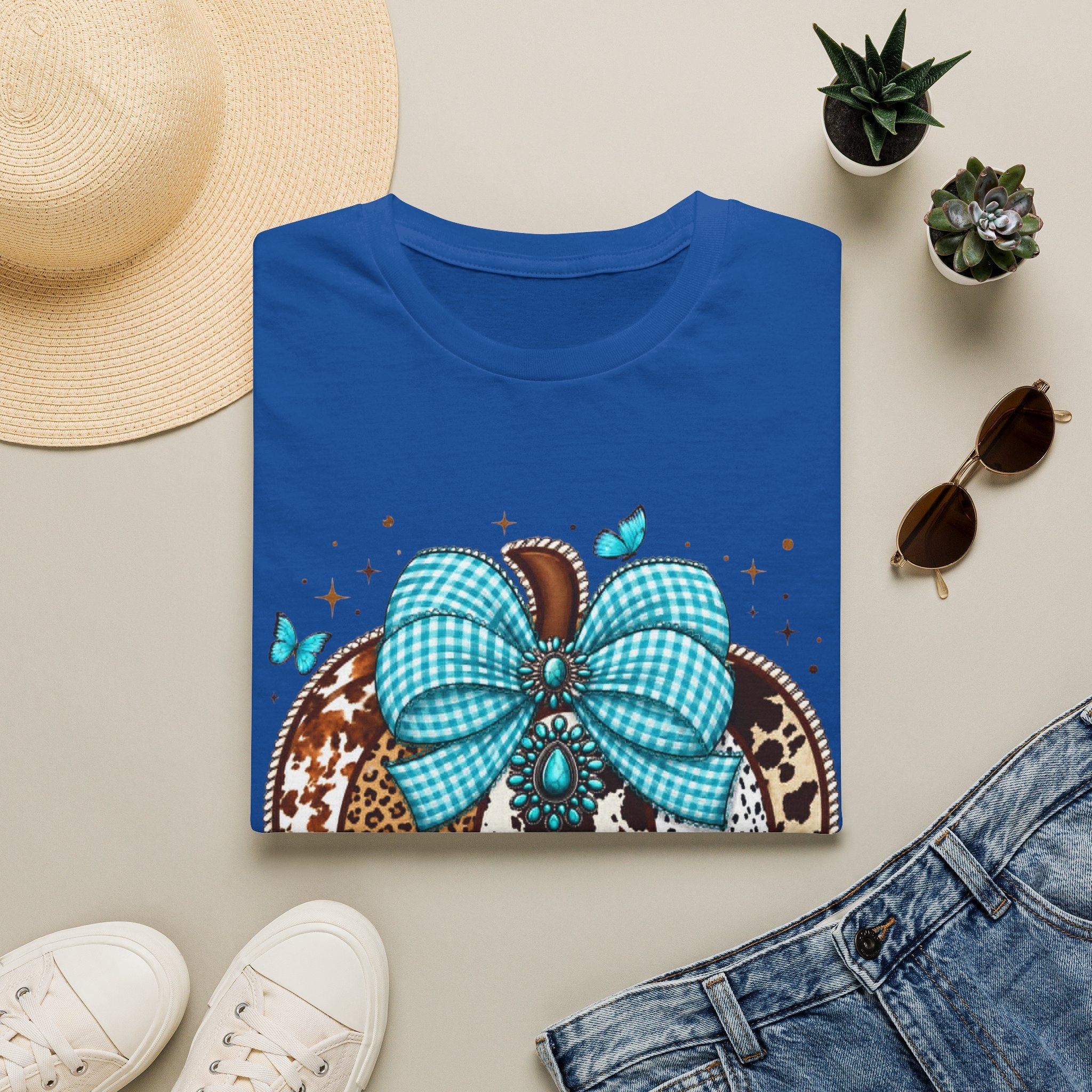Turquoise Bow Pumpkin T-Shirt — Cowhide & Leopard Fall Graphic Tee