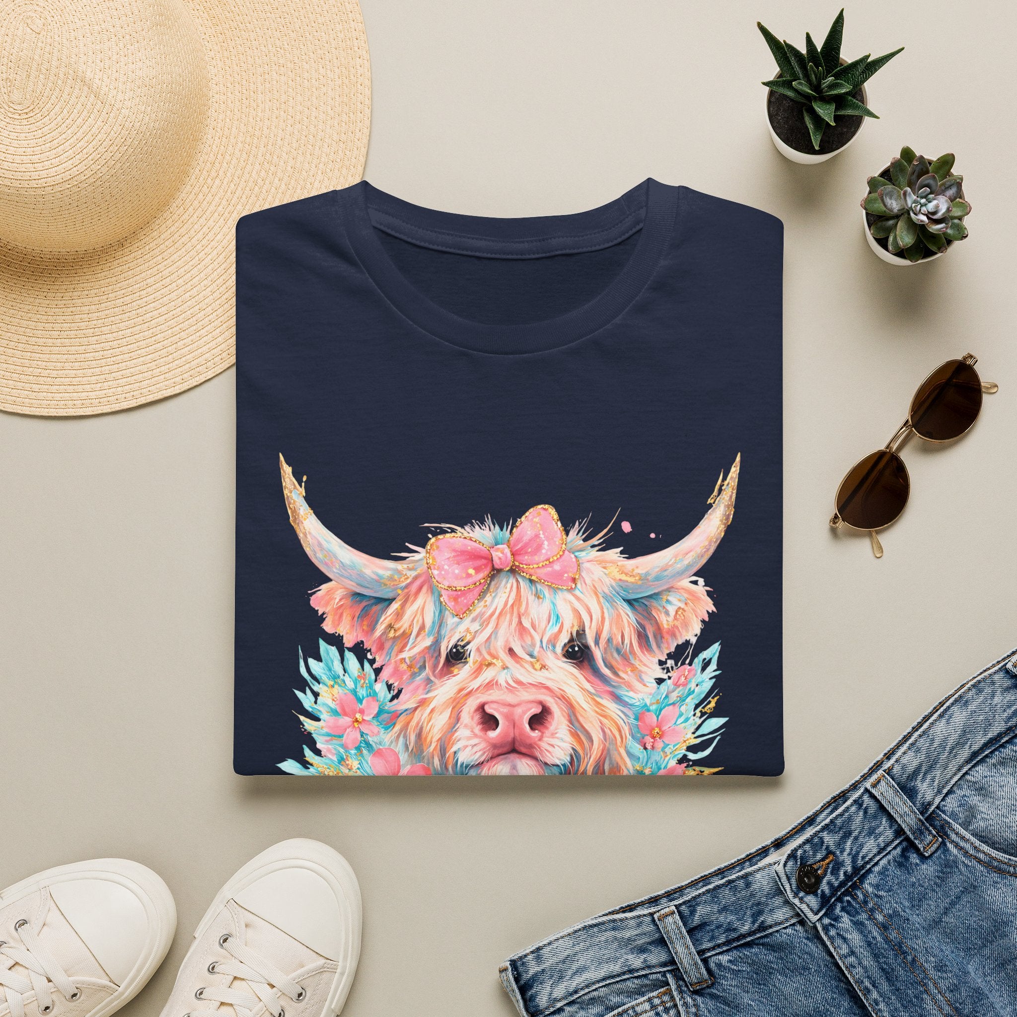 Highland Cow Floral Tee — Cute Pastel Cow Face T-Shirt