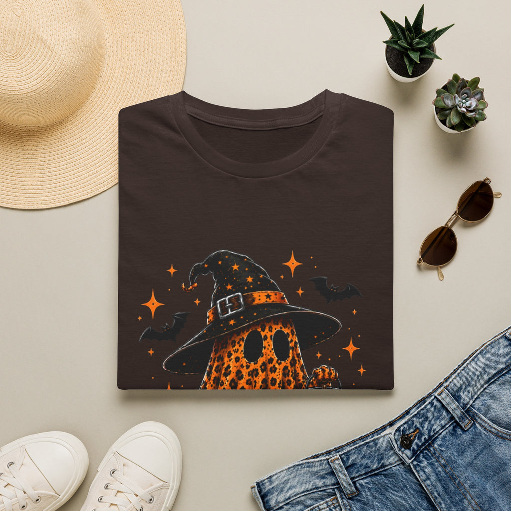 Leopard Ghost Halloween T-Shirt — Witch Hat Pumpkin & Bats Fall Tee