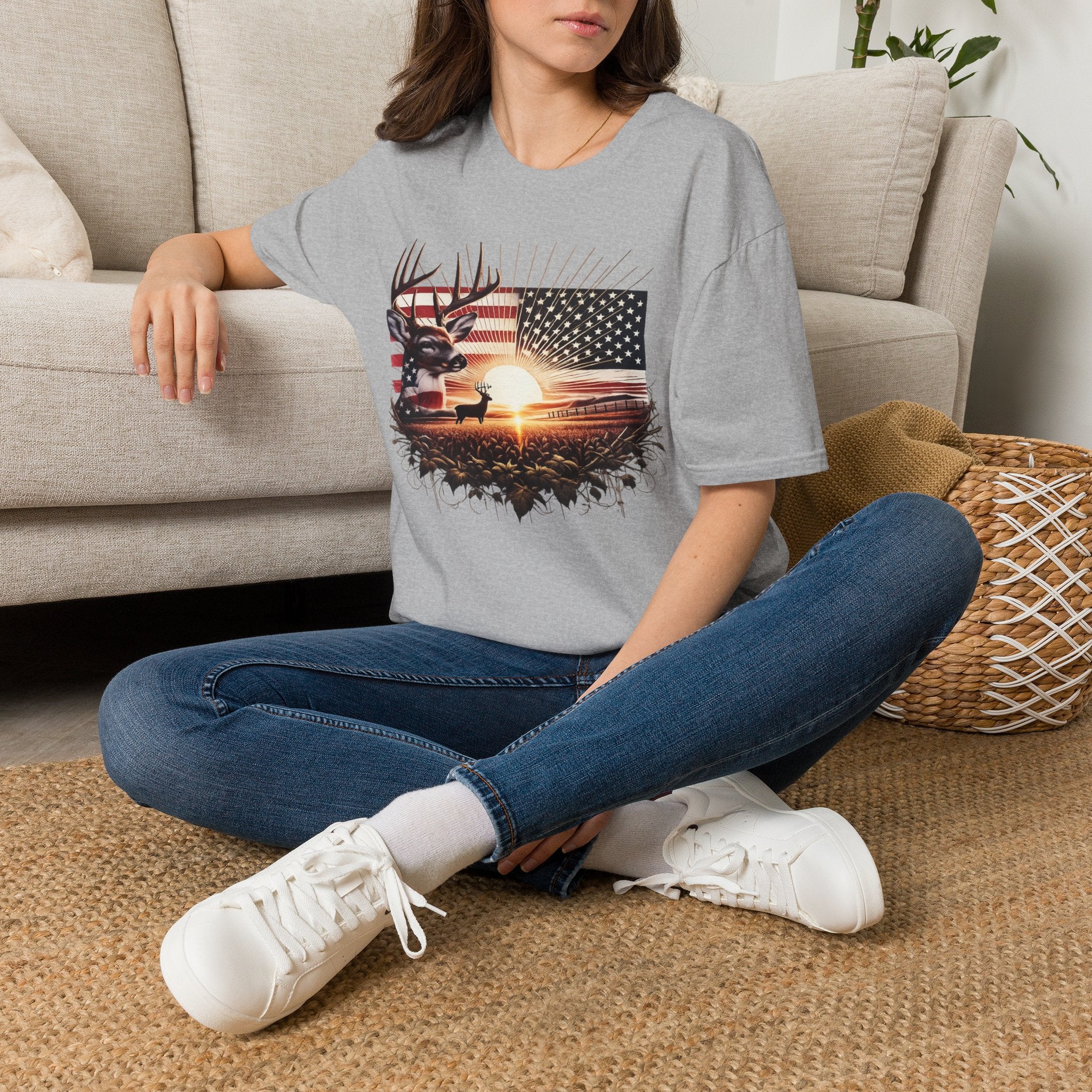 Deer Sunset Flag T-Shirt — American Hunting Outdoors Tee