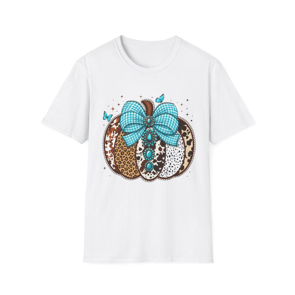Turquoise Bow Pumpkin T-Shirt — Cowhide & Leopard Fall Graphic Tee