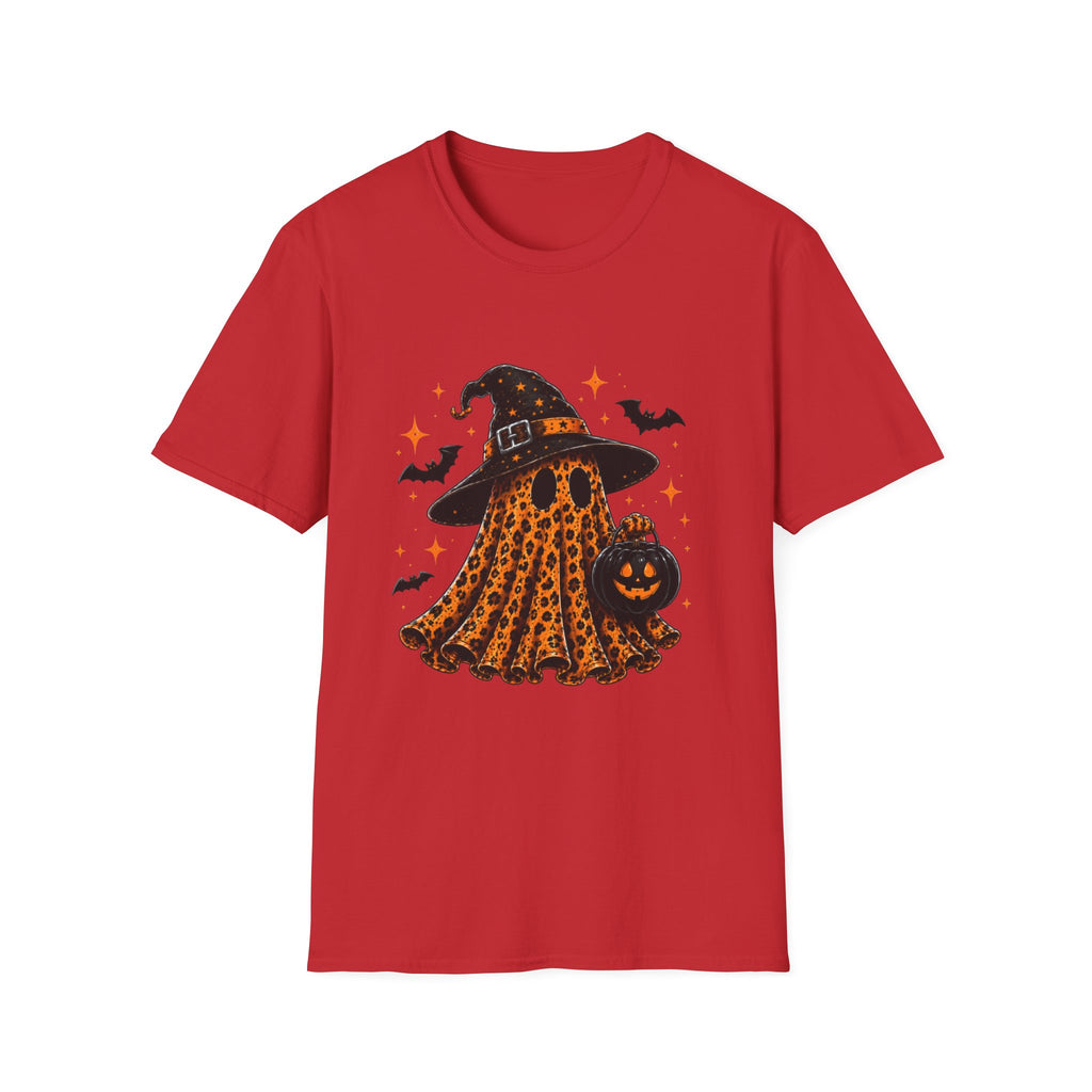 Leopard Ghost Halloween T-Shirt — Witch Hat Pumpkin & Bats Fall Tee