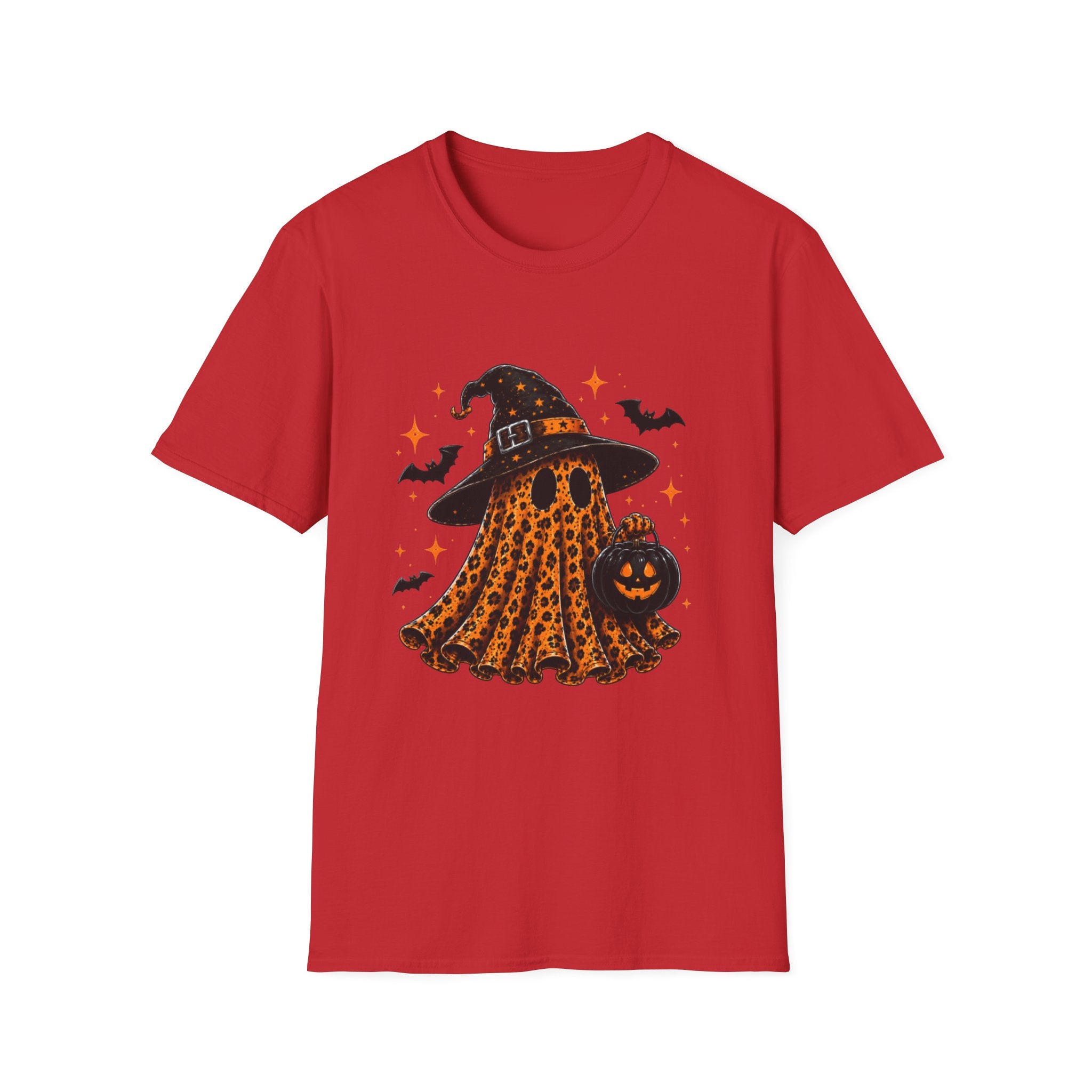 Leopard Ghost Halloween T-Shirt — Witch Hat Pumpkin & Bats Fall Tee
