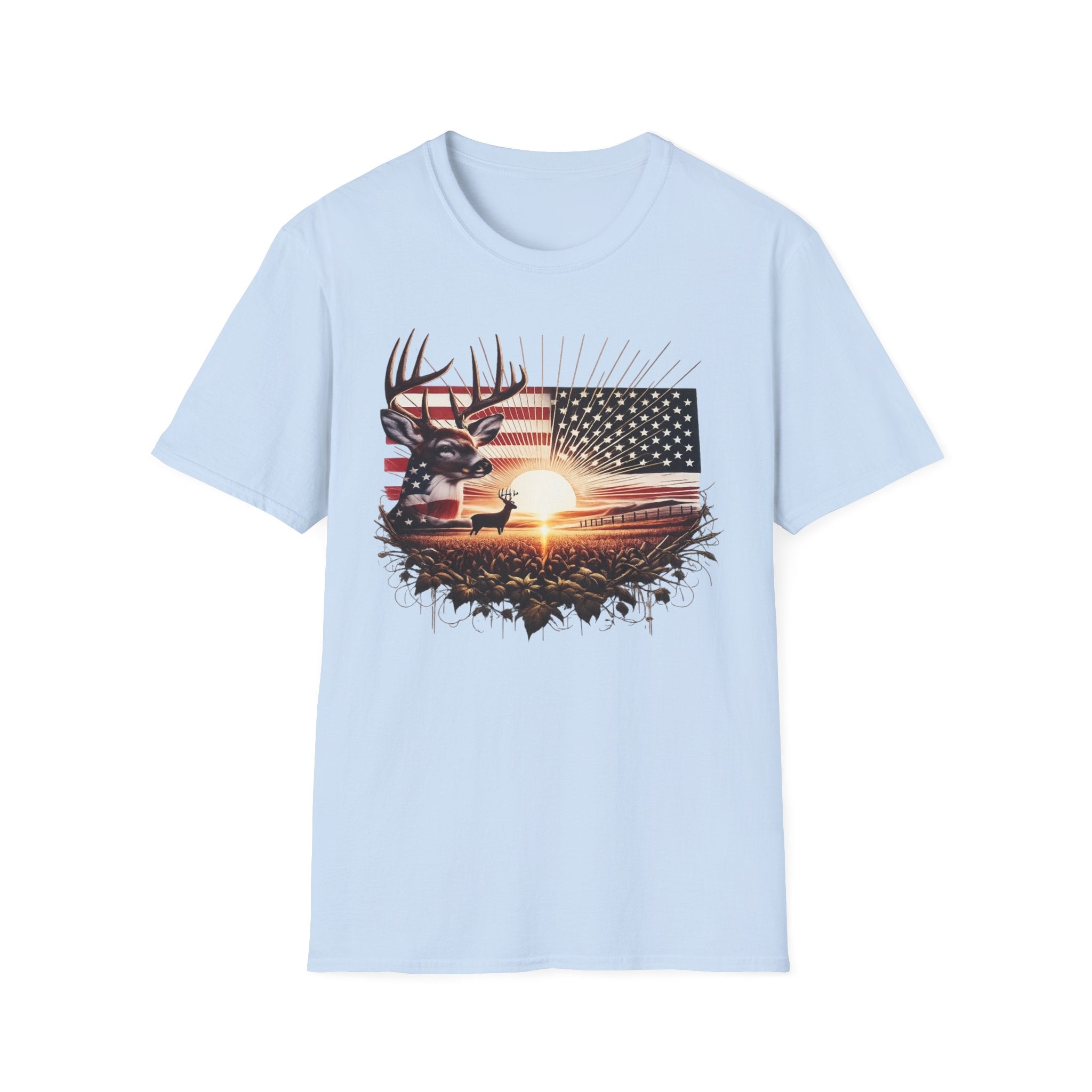 Deer Sunset Flag T-Shirt — American Hunting Outdoors Tee