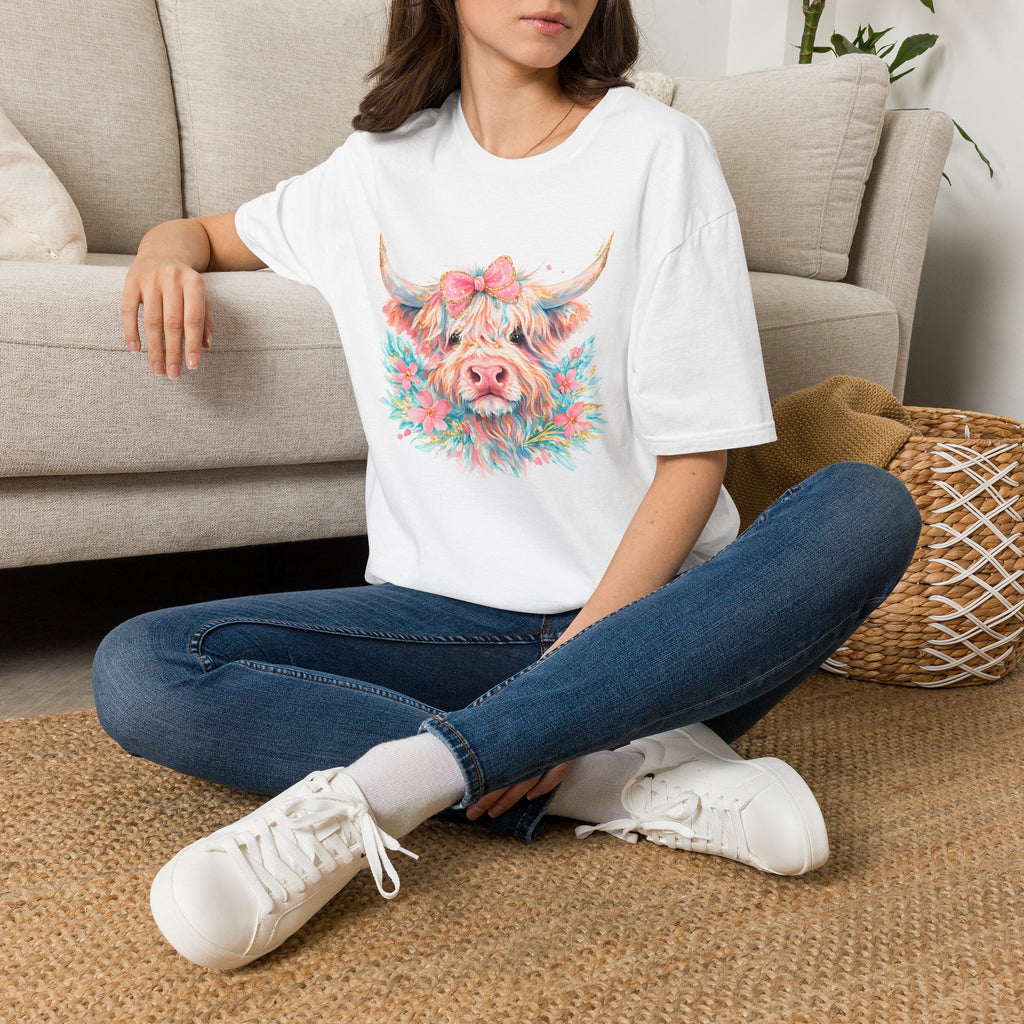 Highland Cow Floral Tee — Cute Pastel Cow Face T-Shirt