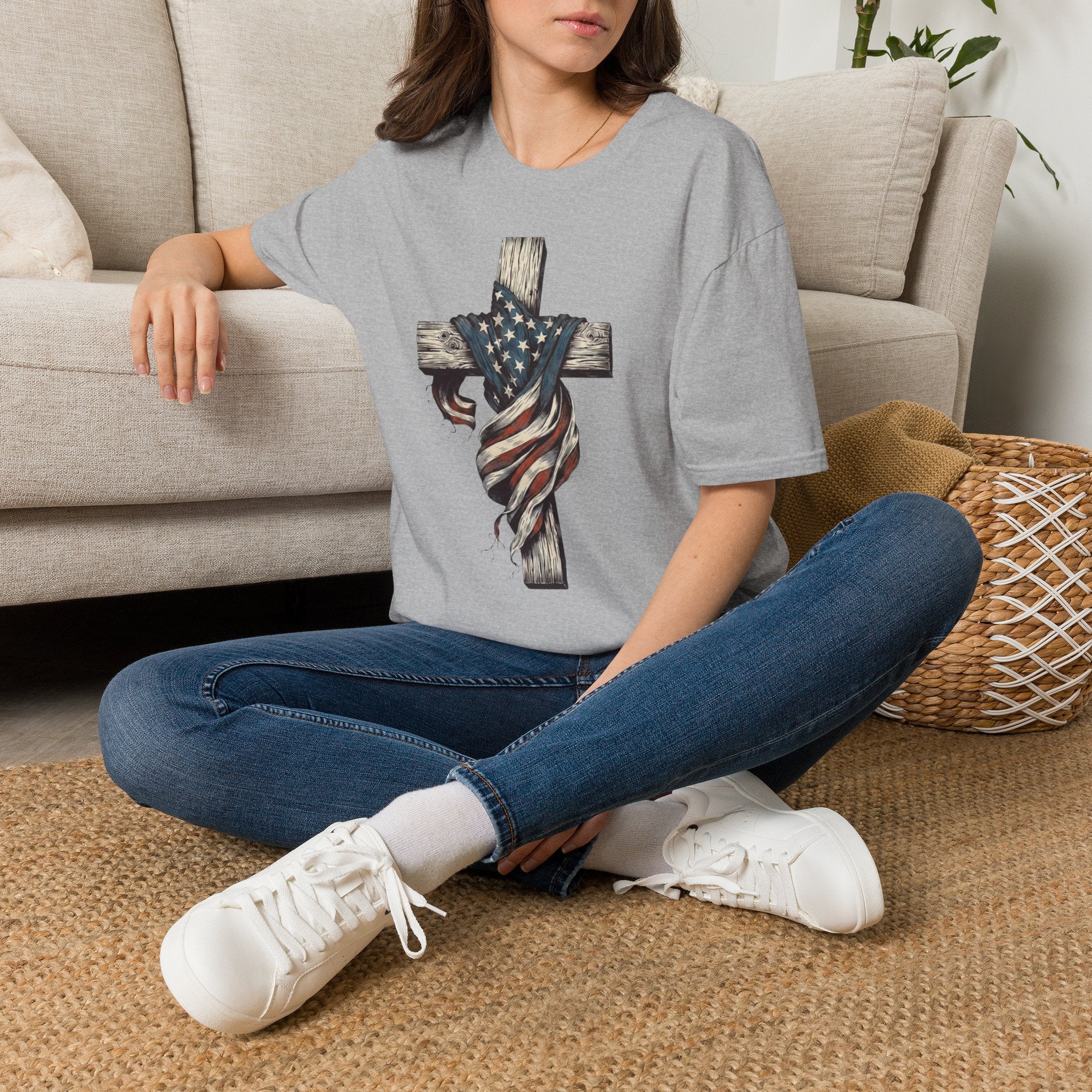 T-Shirt — American Flag Draped Cross Graphic Tee (Patriotic Christian)
