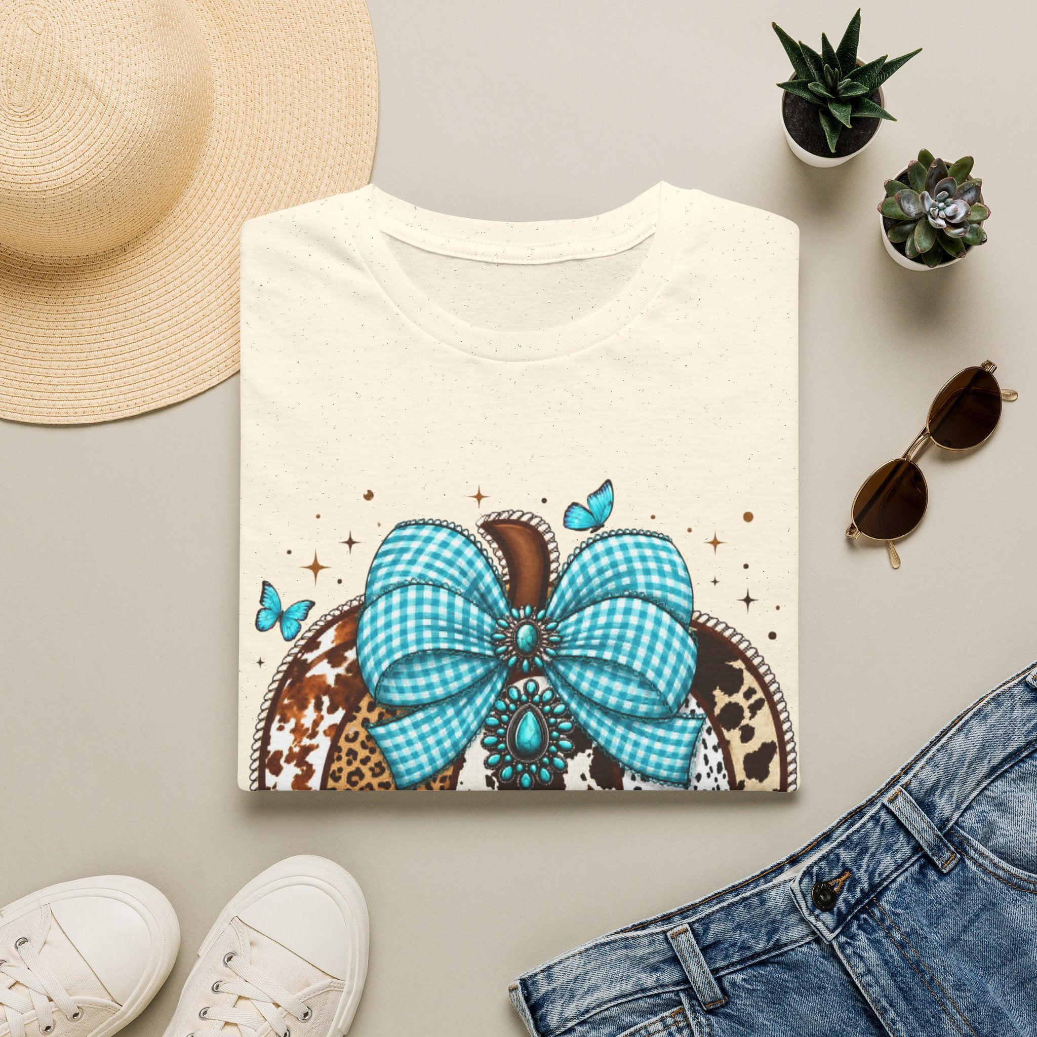 Turquoise Bow Pumpkin T-Shirt — Cowhide & Leopard Fall Graphic Tee