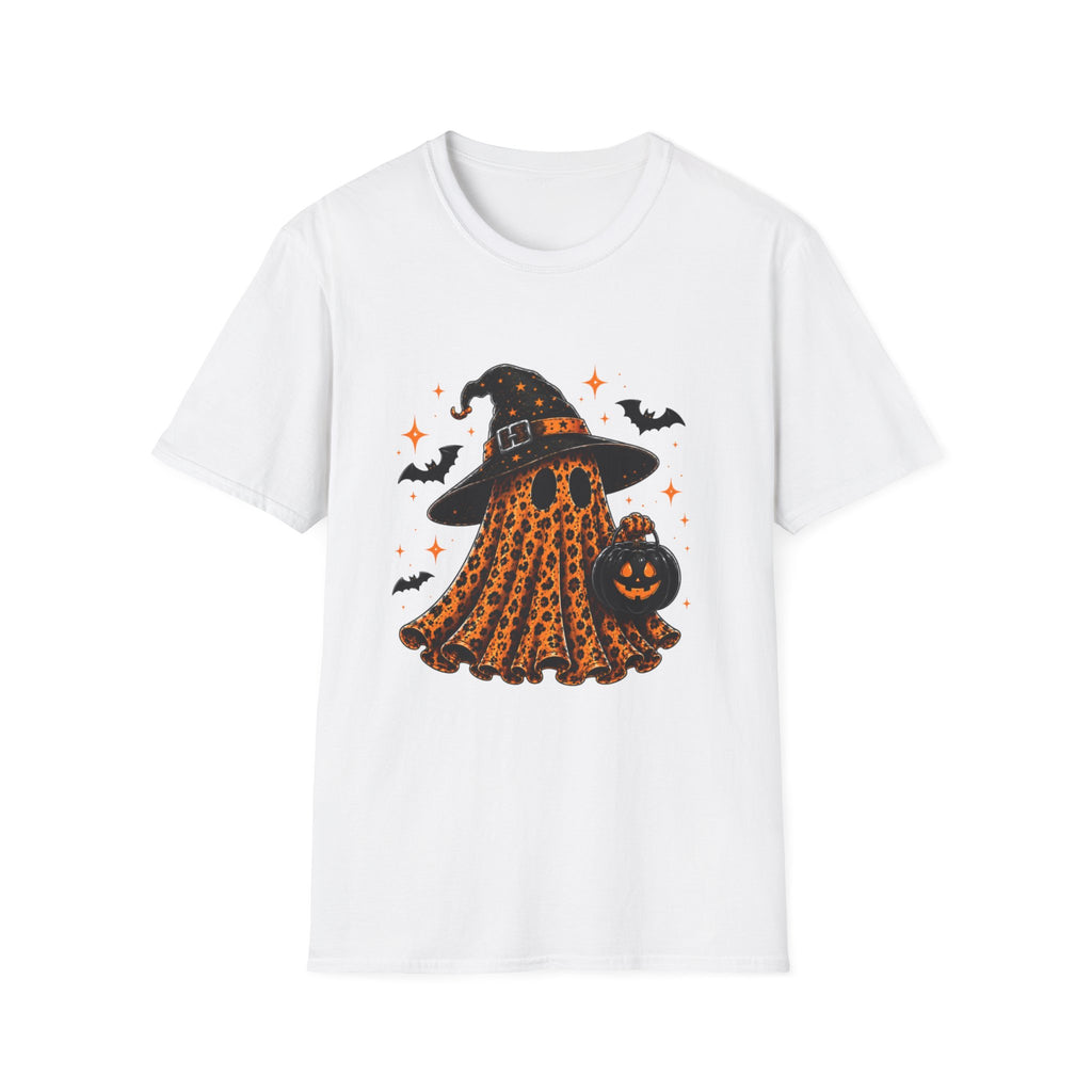 Leopard Ghost Halloween T-Shirt — Witch Hat Pumpkin & Bats Fall Tee