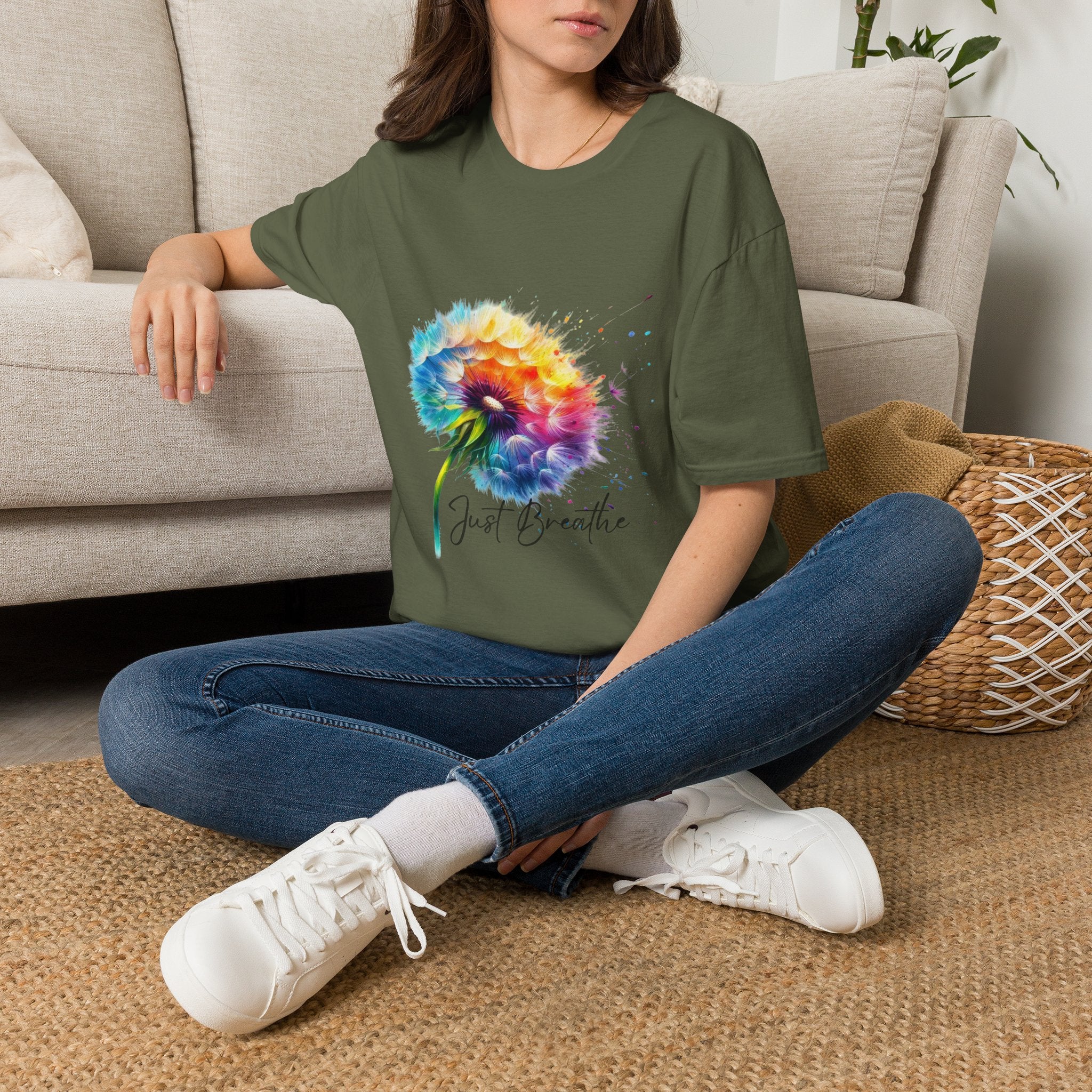 Sunflower Watercolor T-Shirt – "Just Breathe" Inspirational Floral Tee