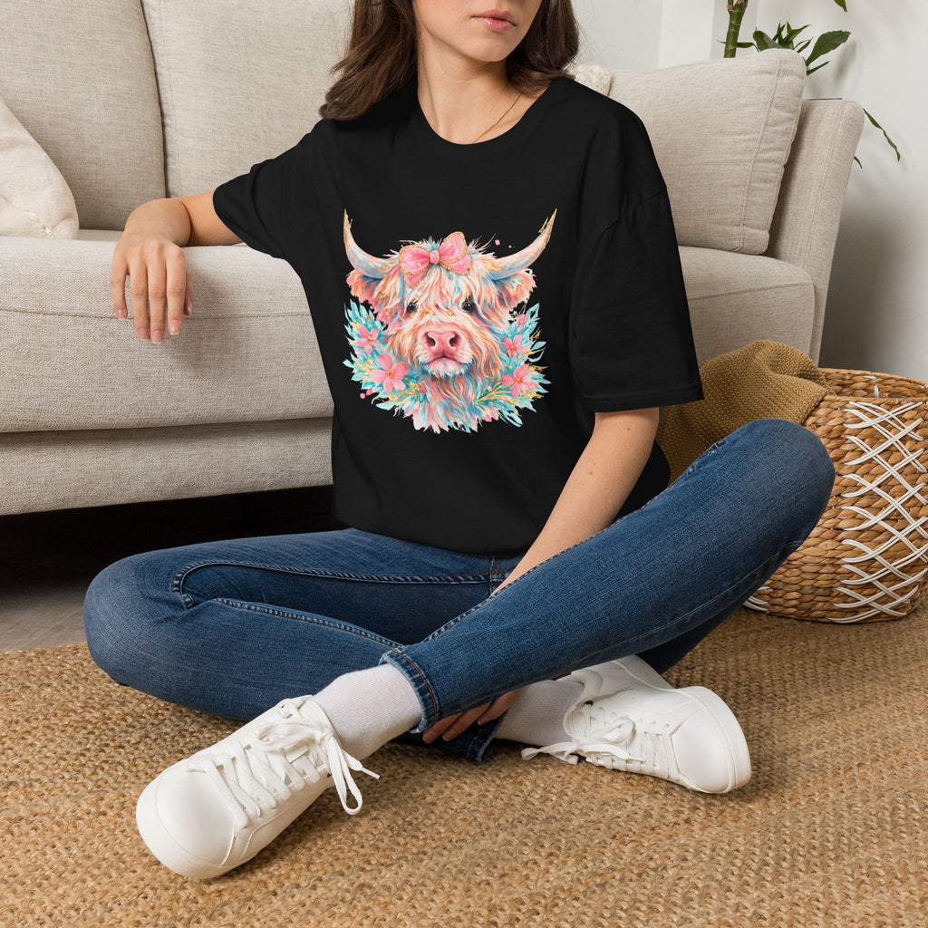Highland Cow Floral Tee — Cute Pastel Cow Face T-Shirt