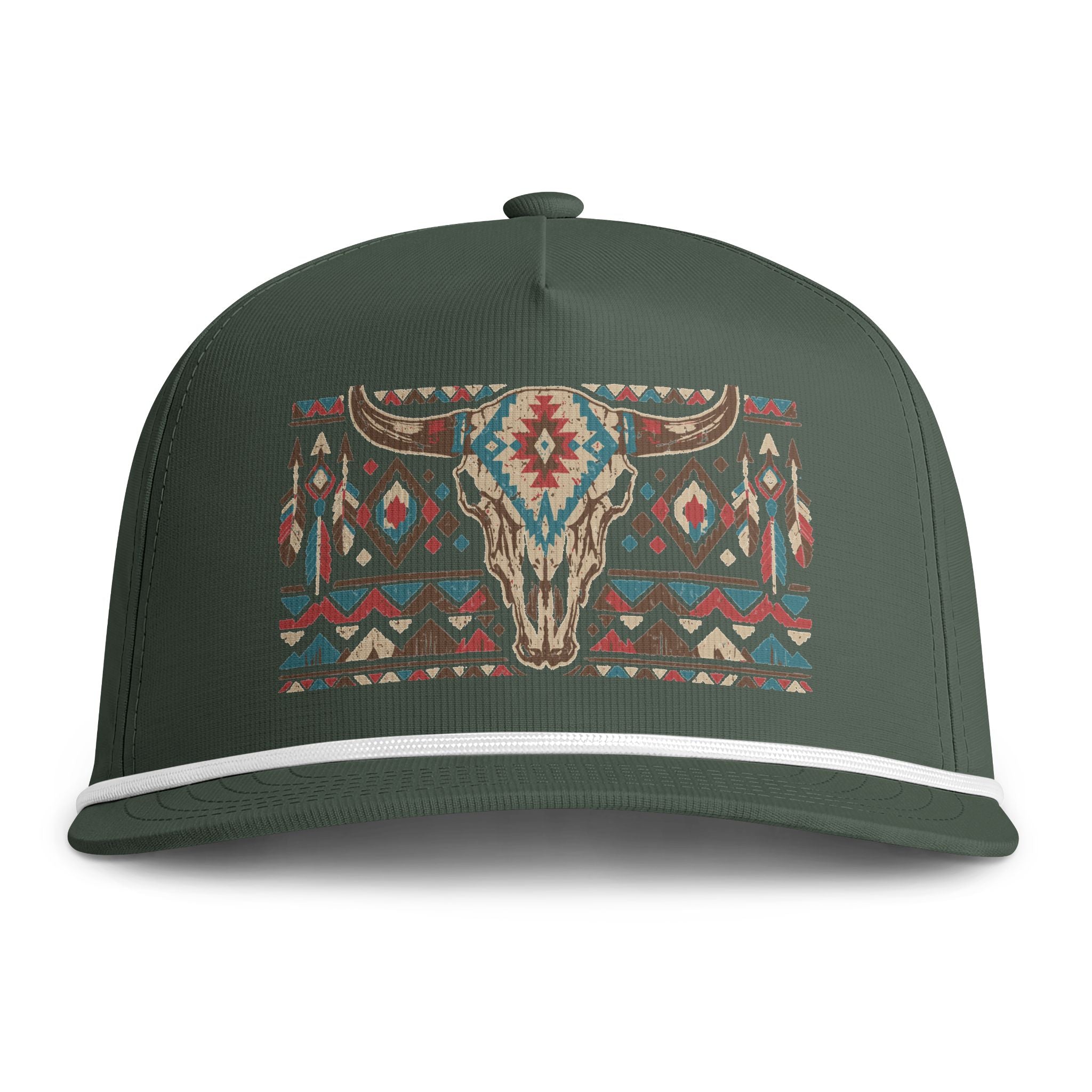 Sunwashed Rope Cap – Southwestern Tribal Bull Skull Embroidered Hat