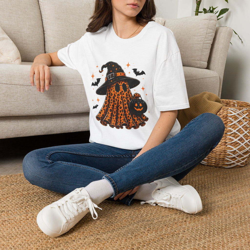 Leopard Ghost Halloween T-Shirt — Witch Hat Pumpkin & Bats Fall Tee