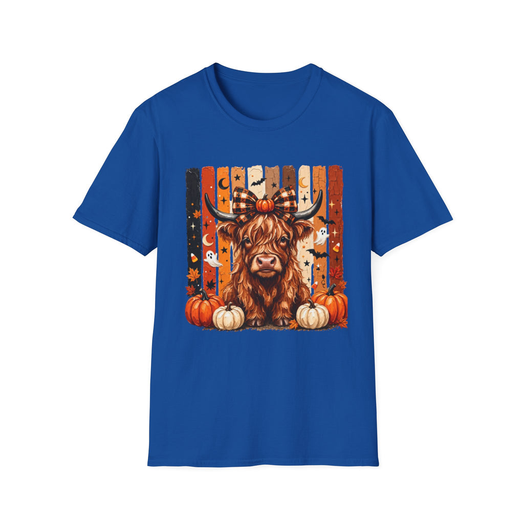 Highland Cow Halloween T-Shirt — Plaid Pumpkin Fall Graphic Tee